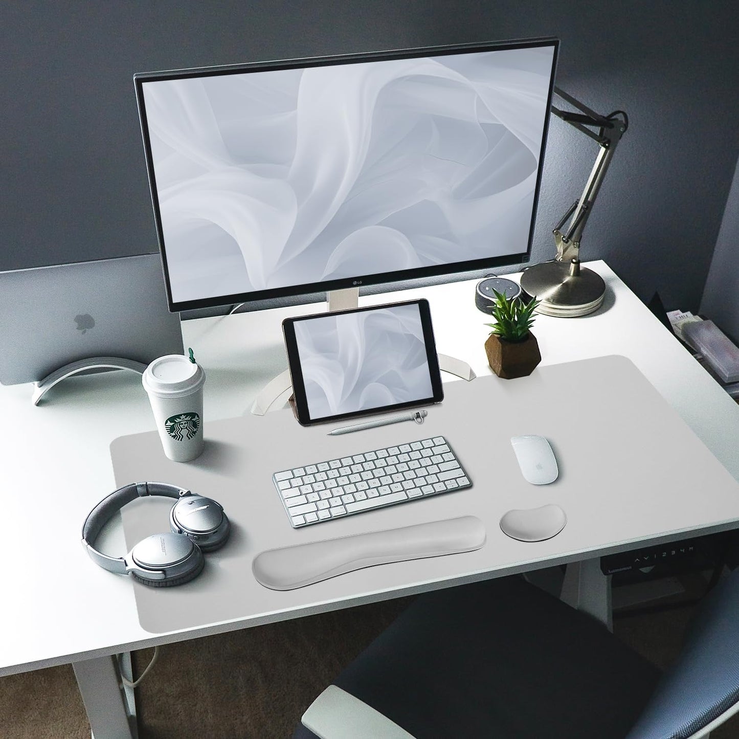 Bloss Leather Desk Pad and Keyboard Wrist Rest, Large Mouse Pad + Keyboard Pad+Mouse Wrist Support, Non-Slip Desk Mat Protector for Office, Home(35.4×15.7 Inches, Light Grey)