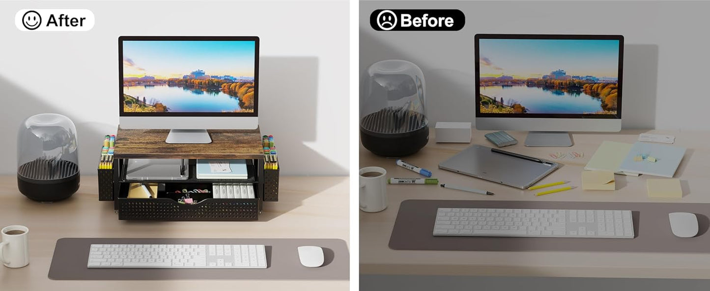 gianotter Wood Monitor Stand Riser, Office Desk Shelf Organizer, Desk Organizer with Drawer and Pen Holder, 2-Tier Computer Stand, Office Organization (Wood)