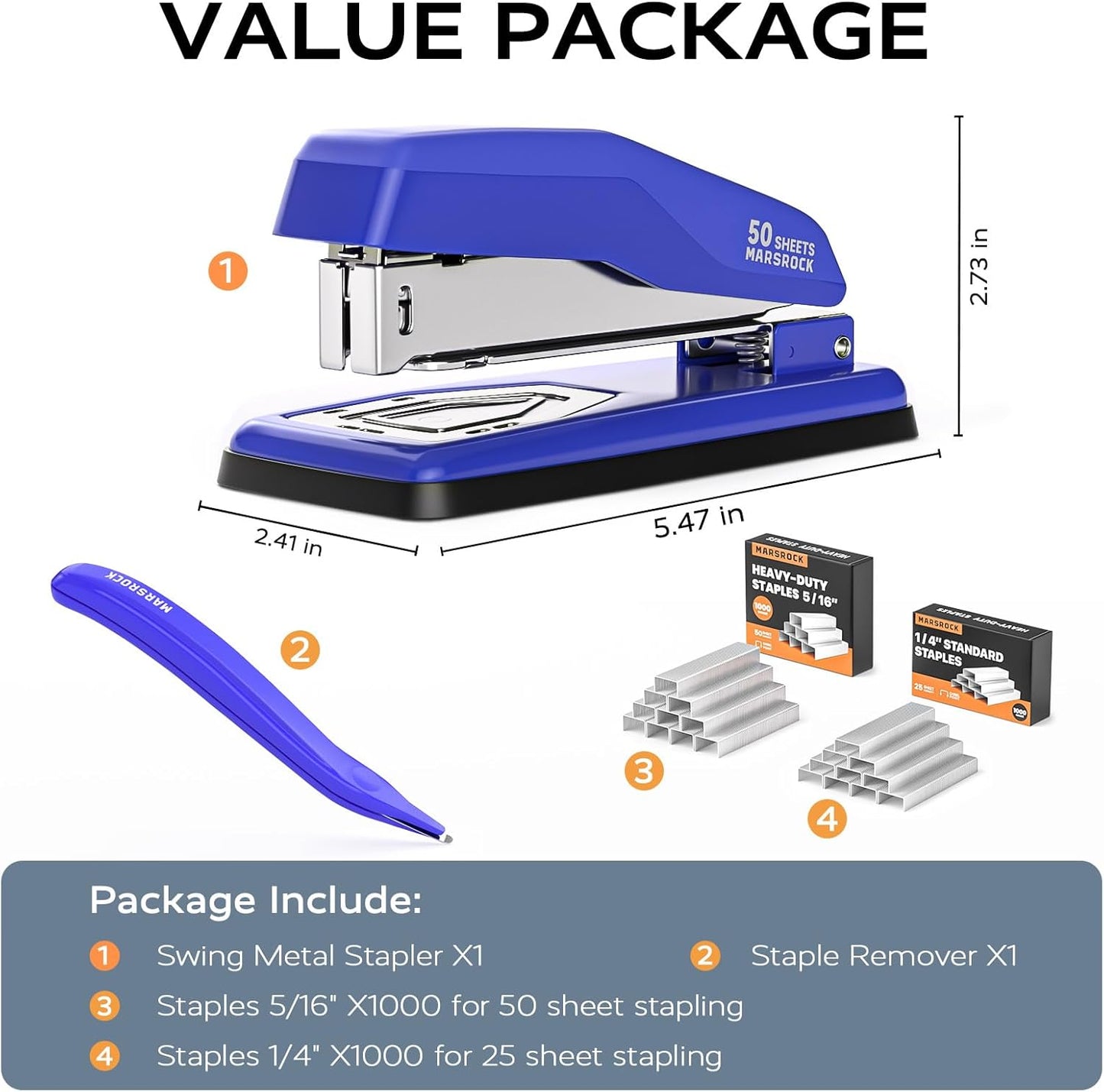 Desktop Stapler, Swing-Arm Swivel Stapler, 50 Sheet Capacity, 2000 Staples and Staple Remover, Rotatable Heavy Duty Staplers for Office, Home, Classroom, Booklet, Book Binding, Blue