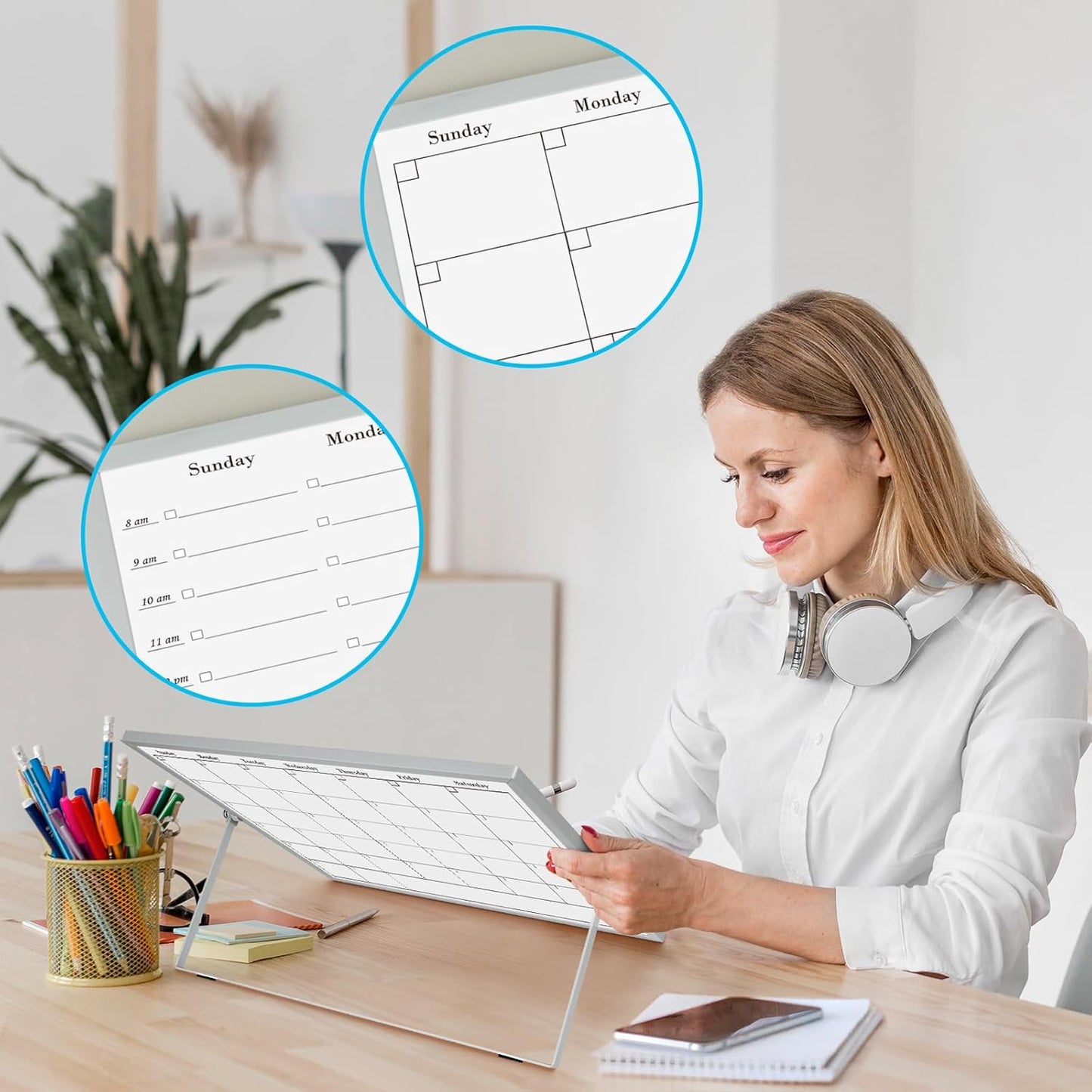 White Board Dry Erase Calendar Planner, Weekly Monthly Magnetic Schedule-Board with Time Slots, Portable Double-Sided Desktop Whiteboard with Stand for Planning, Memo, to Do List 16"×12"