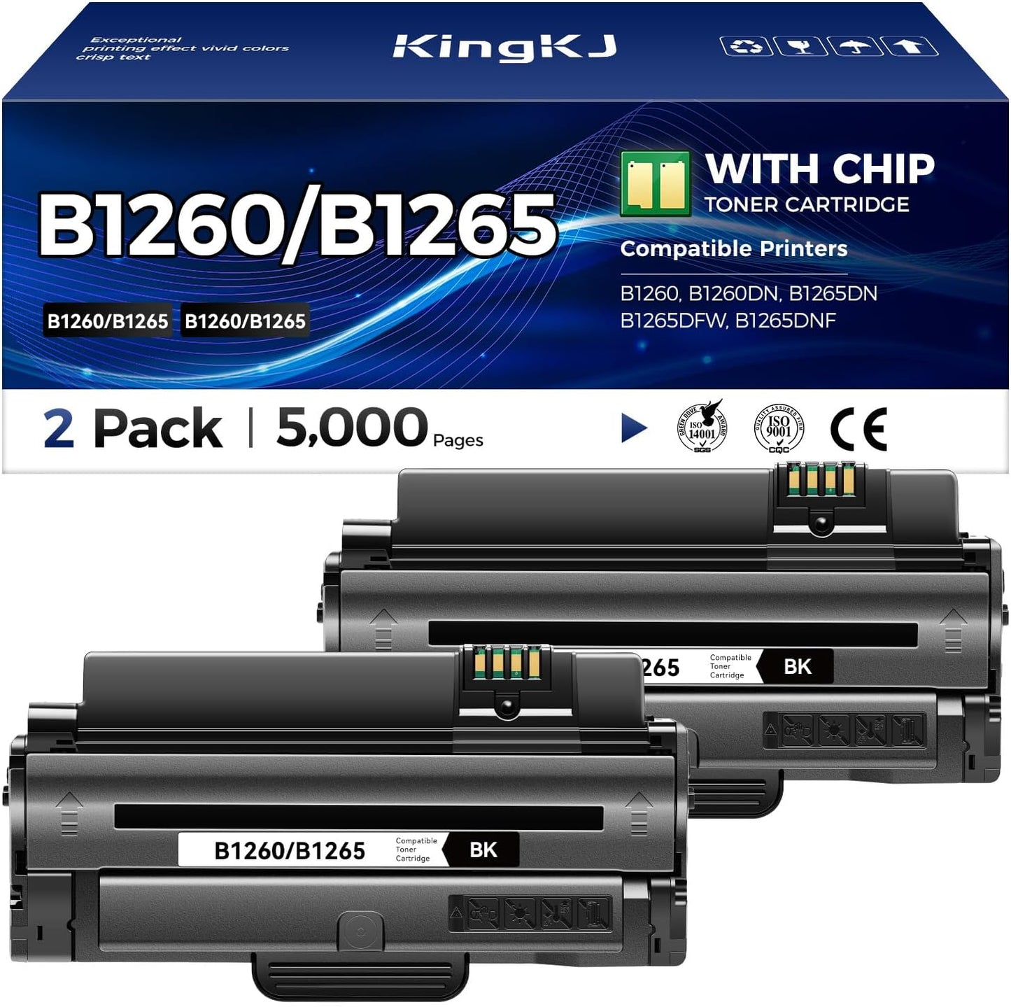 KingKJ B1260 B1265 Black Toner Cartridge 2-Pack High-Yield Replacement for Dell 1260 1265 331-7328 Toner Compatible for Dell B1260 B1260DN B1265DN B1265DFW B1265DNF Laser Printer Ink All-in-One Copier