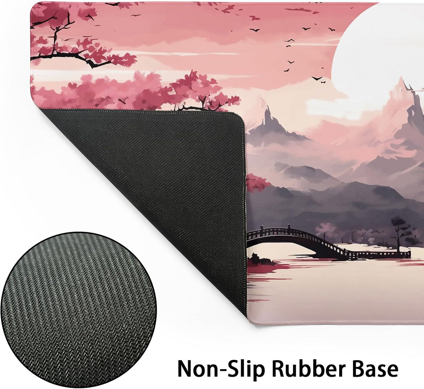 Pink Japanese Sakura Gaming Mouse Pad XXL Cherry Blossom Tower Mountain Landscape Big Extended Large Desk Mat Non-Slip Rubber Base Stitched Edge Long Mousepad for Computer Gamer, 35.4 x 15.7 in