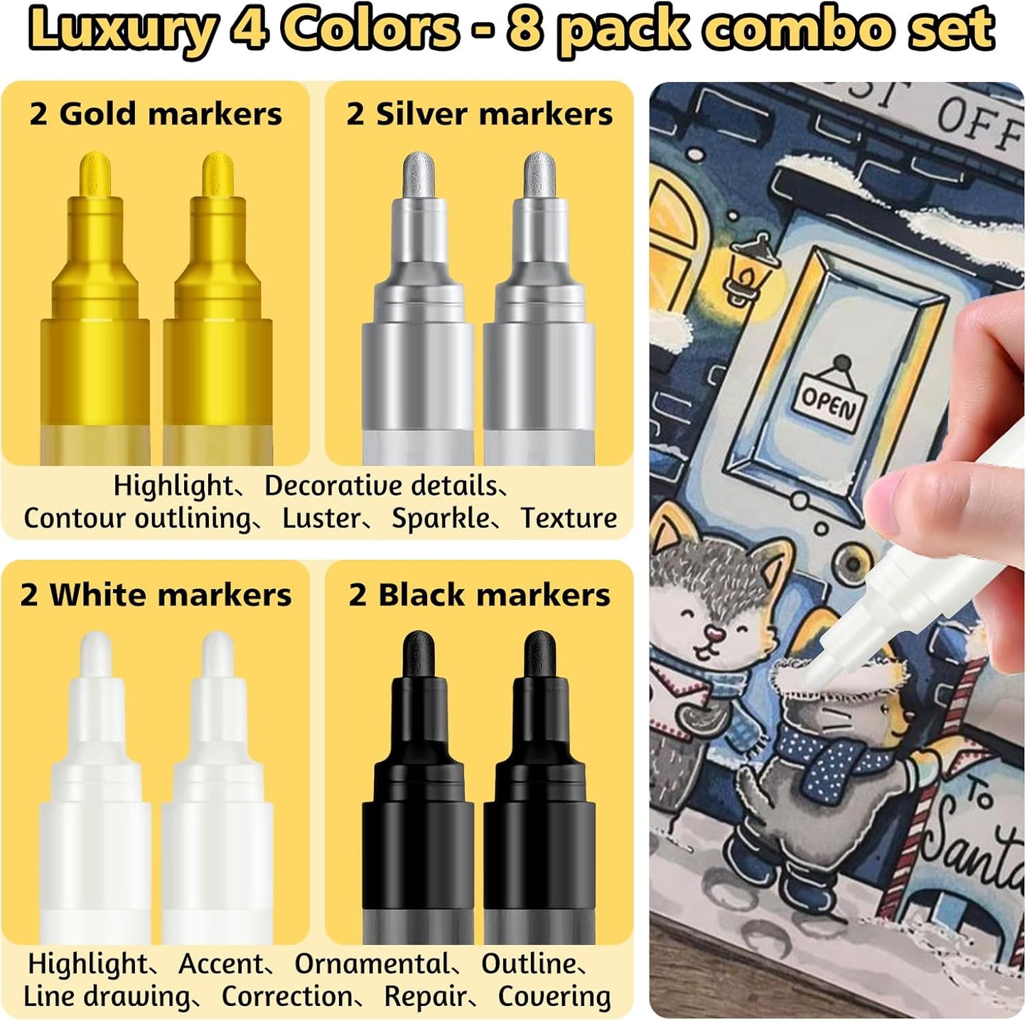 SFAIH Paint Markers Pens - 4 Colors 8 Pack Ultra-High Coverage Acrylic Paint Pens for Rock, Paper, Wood, Fabric, Glass, Metal, Ceramic, Painting, DIY Art Projects, Crafts, Large Capacity Permanent Ink