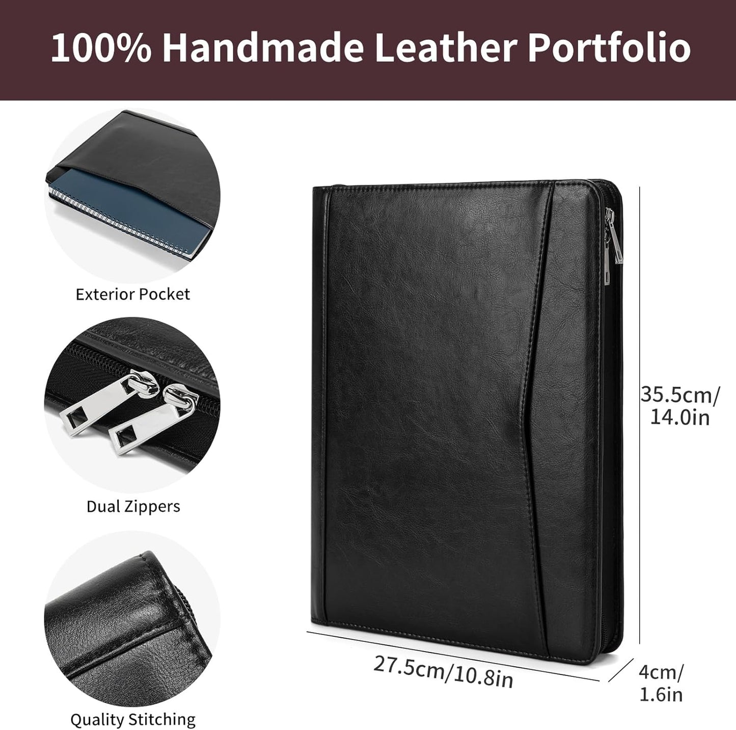 Personalized Vegan Leather Portfolio with Front Pocket for Men Women, Custom 8.5 x 11 Legal Pad Notepad Holder, Zippered Business Organizer, Professional Work Folder, Black