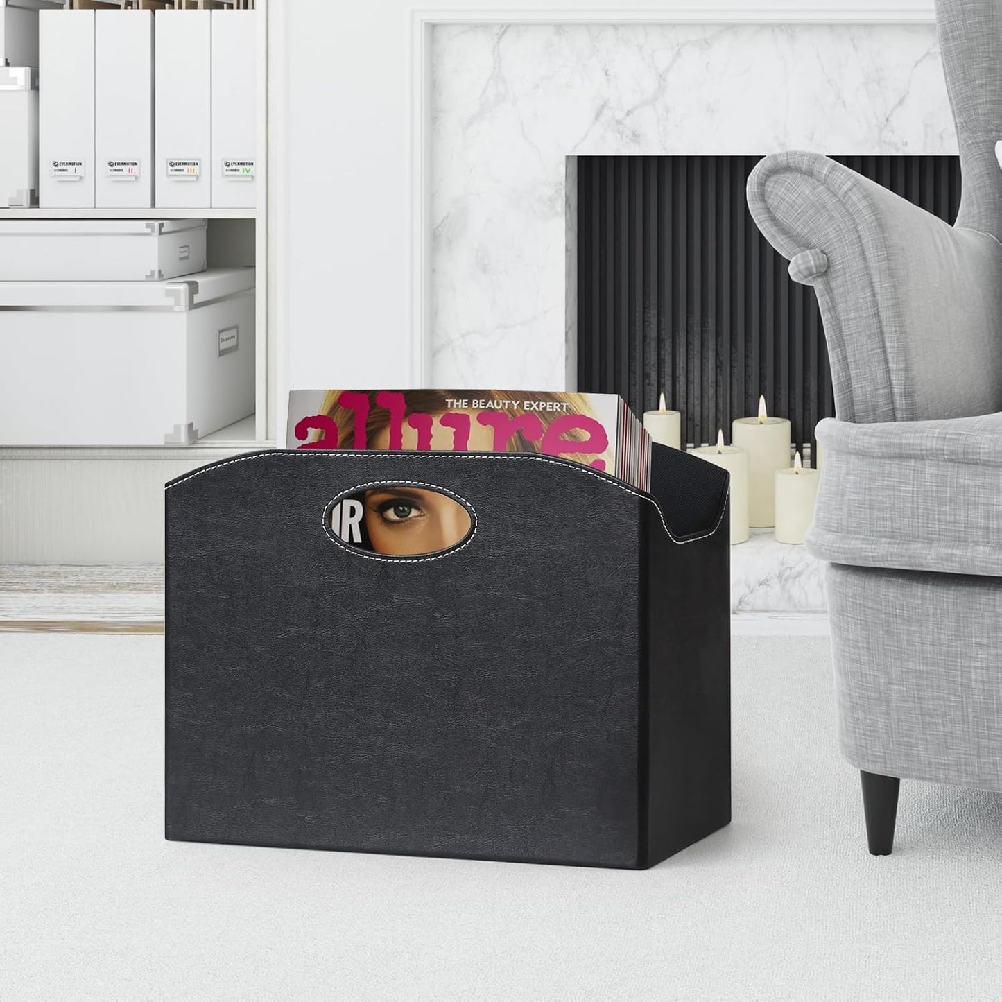 EZDeco Magazine Holder Foldable Magazine Rack Floor PU Leather File Holder Newspaper Book Storage Basket Document File Folder Organizer for Office Home