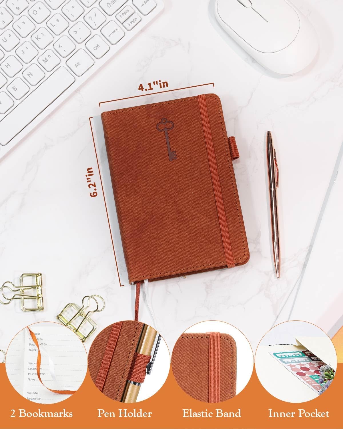 Small Password Keeper Book with Colorful Alphabetical Tabs, Hardcover Password Log-book for Internet Password and Website Address, 4.1"×6.2" Password Notebook for Home Office (Sienna)