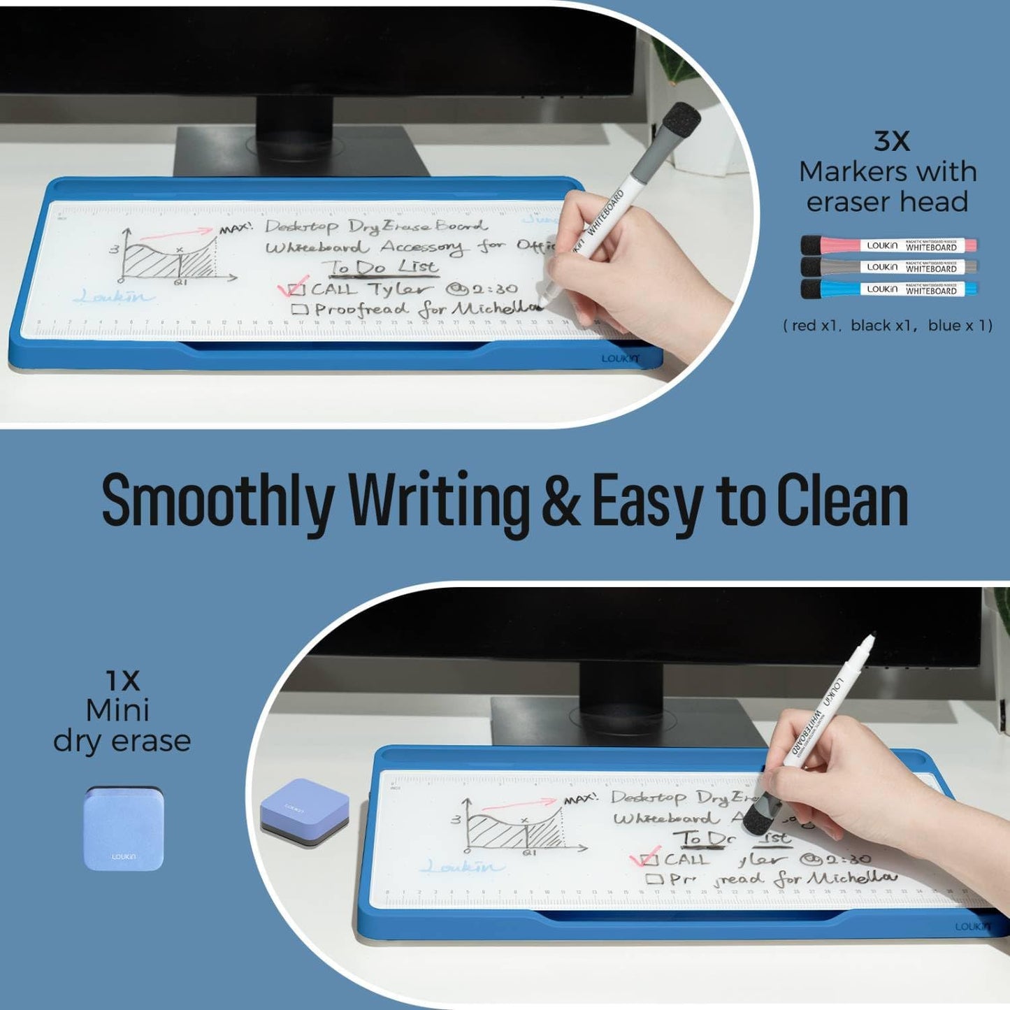 LOUKIN Glass Desktop Whiteboard, 15.3" x 5.6" Dry Erase Desk Board with Dotted and Graduated Surface, Desktop Buddy, Great for Design and Drawing, 3 Markers and 1 Dry Erase Eraser Included (Blue)
