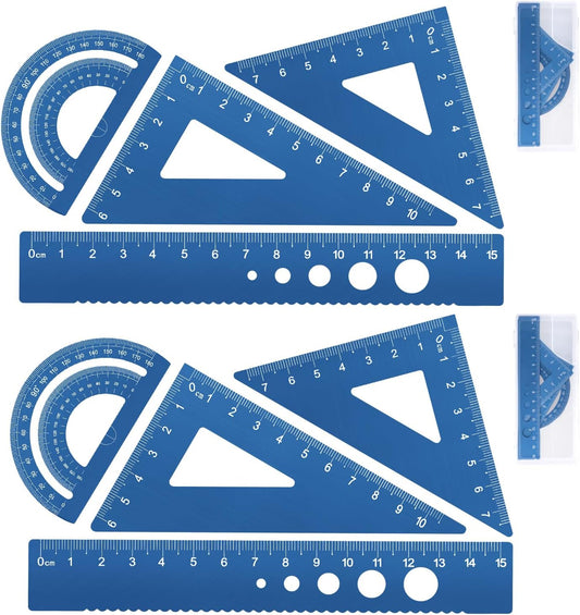 Honagu Triangular Ruler Set, 8 Pieces/2 Sets Aluminum Alloy Ruler, Metal Drafting Ruler, Geometric Protractor for Students, Draftsmen, Engineers, School Office Supplies (Blue+Blue)