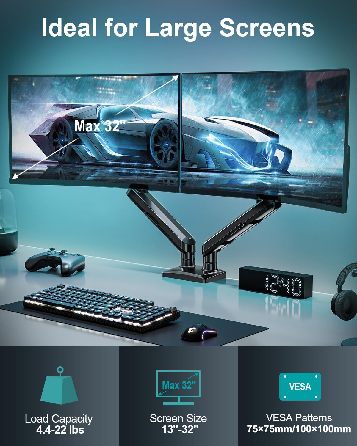 Dual Monitor Desk Mount, 13-32 inch Adjustable Gas Spring Monitor Arm, Computer Display Stand Holder with Clamp and Grommet Base, Fits 4.4 to 22lbs Screens, VESA Mount Bracket, Black, Freelift Pro