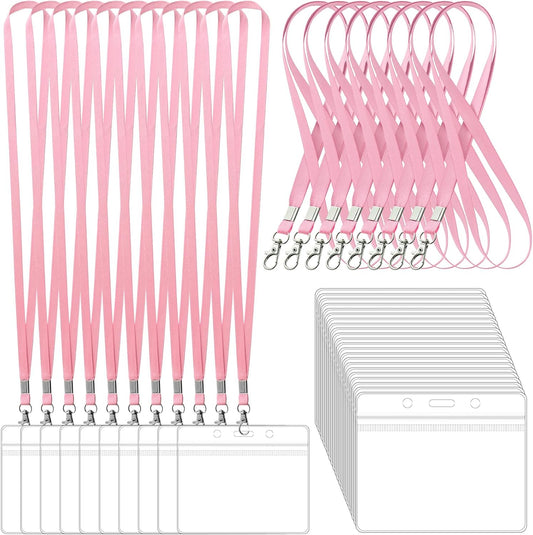100 Pack Lanyards for ID Badges with Clear Name Tags, Reusable Lanyards Horizontal ID Card Badge Holders Plastic Name Badges for Men Women Kids Business School and Office Supplies (Pink)