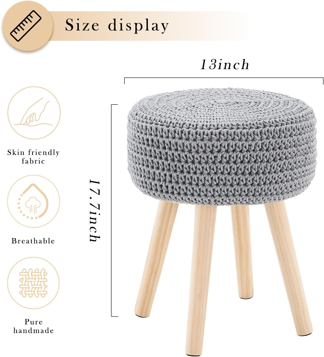 Cotton Knitted Ottoman Round Footstool Vanity Stool Modern Ottoman Footrest Stool with Non-Skid Wood Legs for Living Room Bedroom Grey