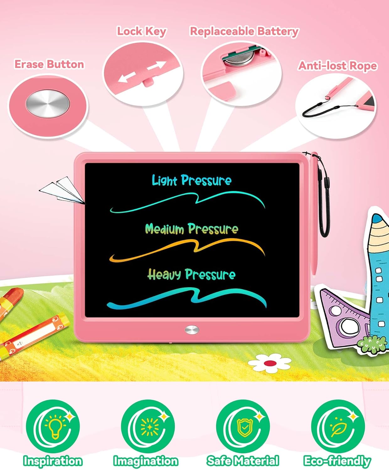 KOKODI 12 Inch LCD Writing Tablet with Anti-Lost Stylus, Erasable Doodle Board Colorful Toddler Drawing Pad, Car Travel School Games Toys for 3 4 5 6 7 8 Kids, Birthday Gift for Girls Boys Adults Pink