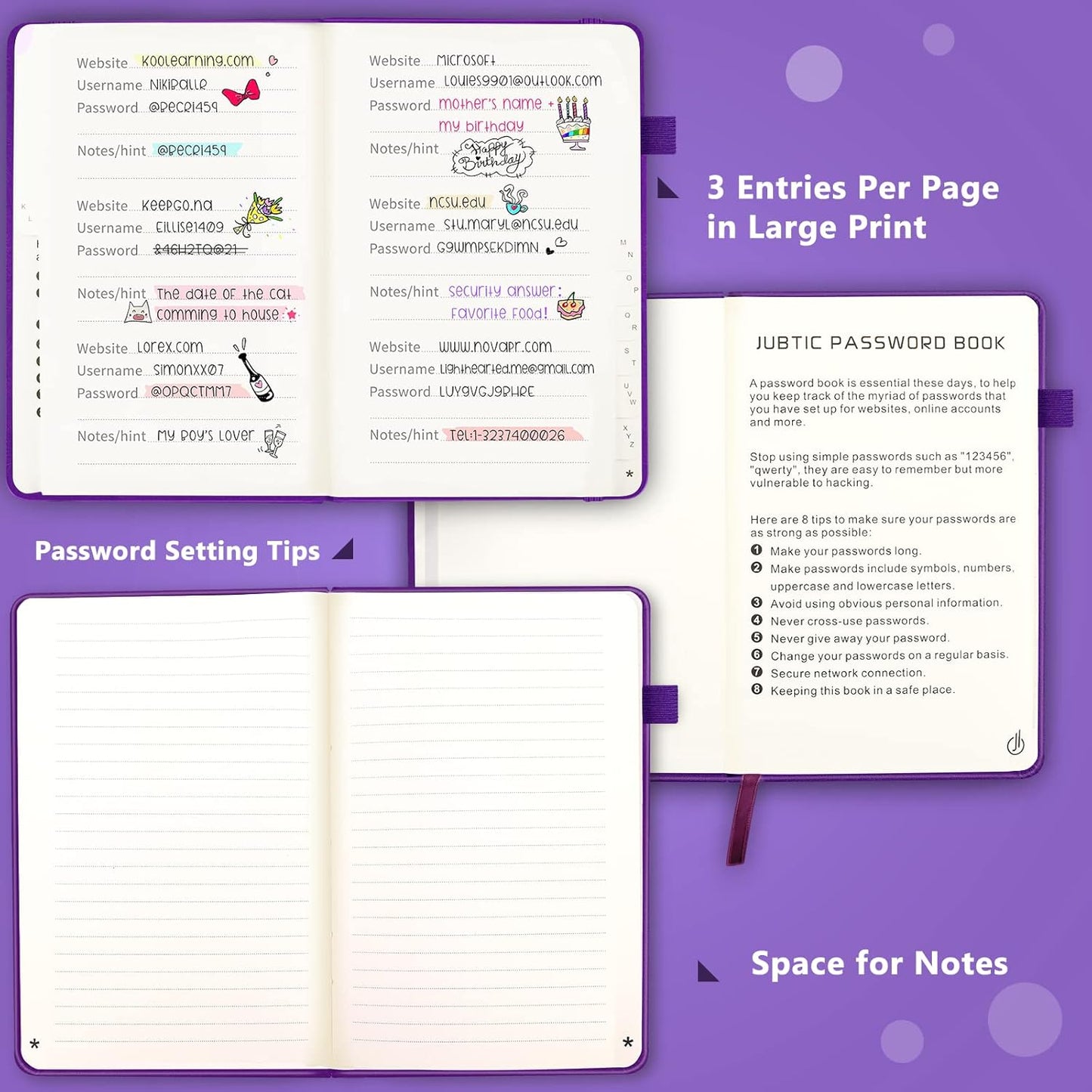 JUBTIC Password Book with Alphabetical Tabs, Small Size Internet Address & Password Keeper Logbook, Password Notebook Journal for Computer & Website Logins, Purple