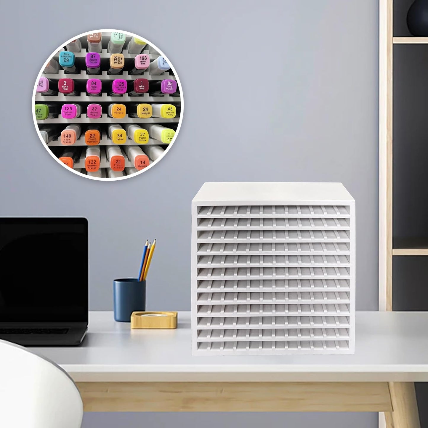 MinBoo Bamboo Art Supply Storage Rack - Wooden Marker Organizer for 144 Markers, Pens, Colored Pencils, Paint Brushes (White)