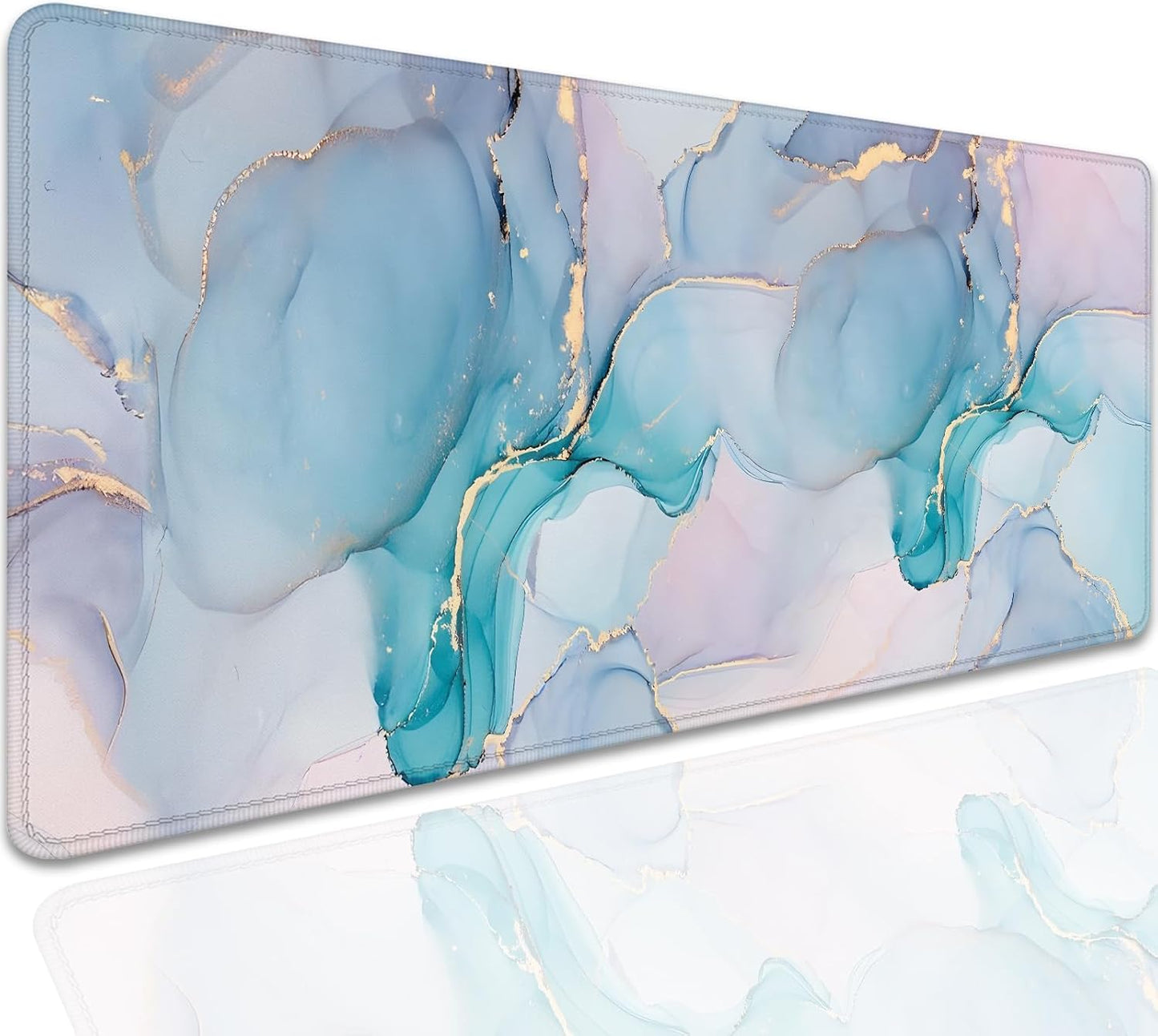 Cyan Blue Marble Desk Pad Mouse Pad,Large XL Mouse Mat with Stitched Edges,Non-Slip Rubber Base Mousepad for Office PC Keyboard Laptop and Home Work Desk Mat(27.5X11.8 in)