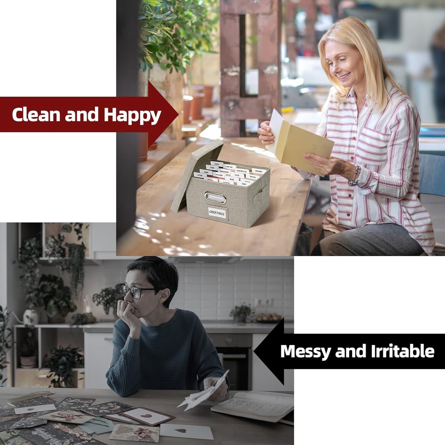 Greeting Card Storage Box, Linen Storage Box with 16 Adjustable Dividers, 84 Labels, 1 Marker Pen, Perfect for Organizing Greeting Cards, Envelopes, Photos 1 Pack Beige