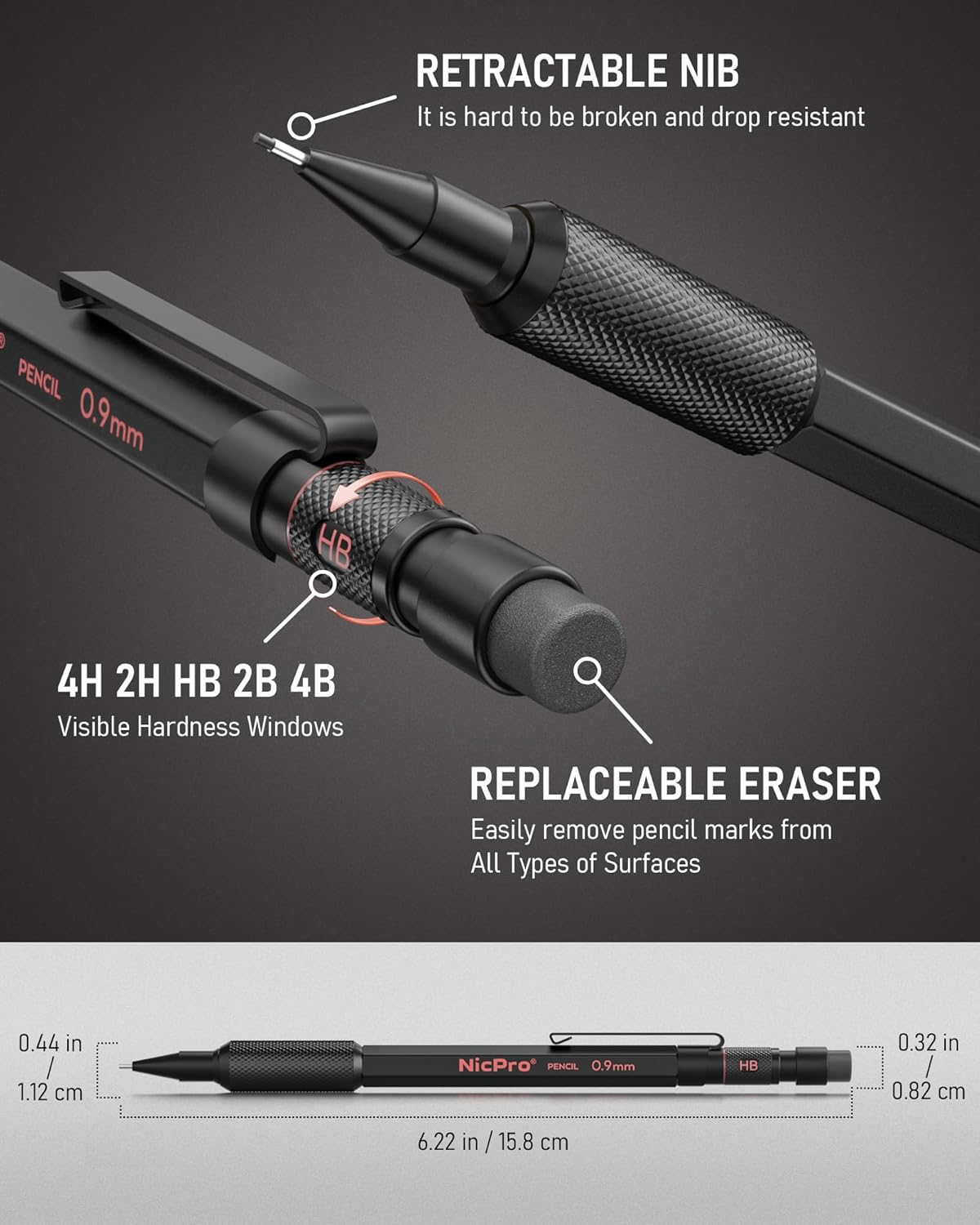 Nicpro 0.9 Metal Mechanical Pencil Set with Case, 3PCS Hevey Duty MP2000 Lead Pencil With 6 Tube HB Lead Refills 0.9mm, Erasers, Weatherproof Barrel for Outdoor Writing Drafting Drawing Sketching