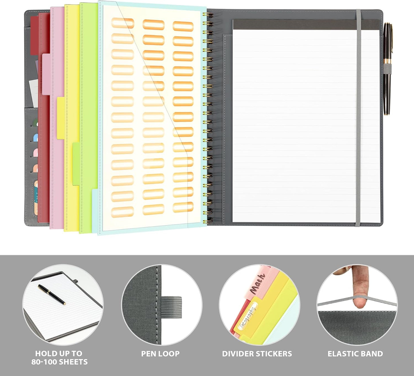 Clipboard with Storage for Men Women, Leather Padfolio Portfolio Organizer 5 Folders with 10 Pockets, Spiral Clipboard Folio with Notepad for Letter Size, Elastic Closure and Pen Loop Grey