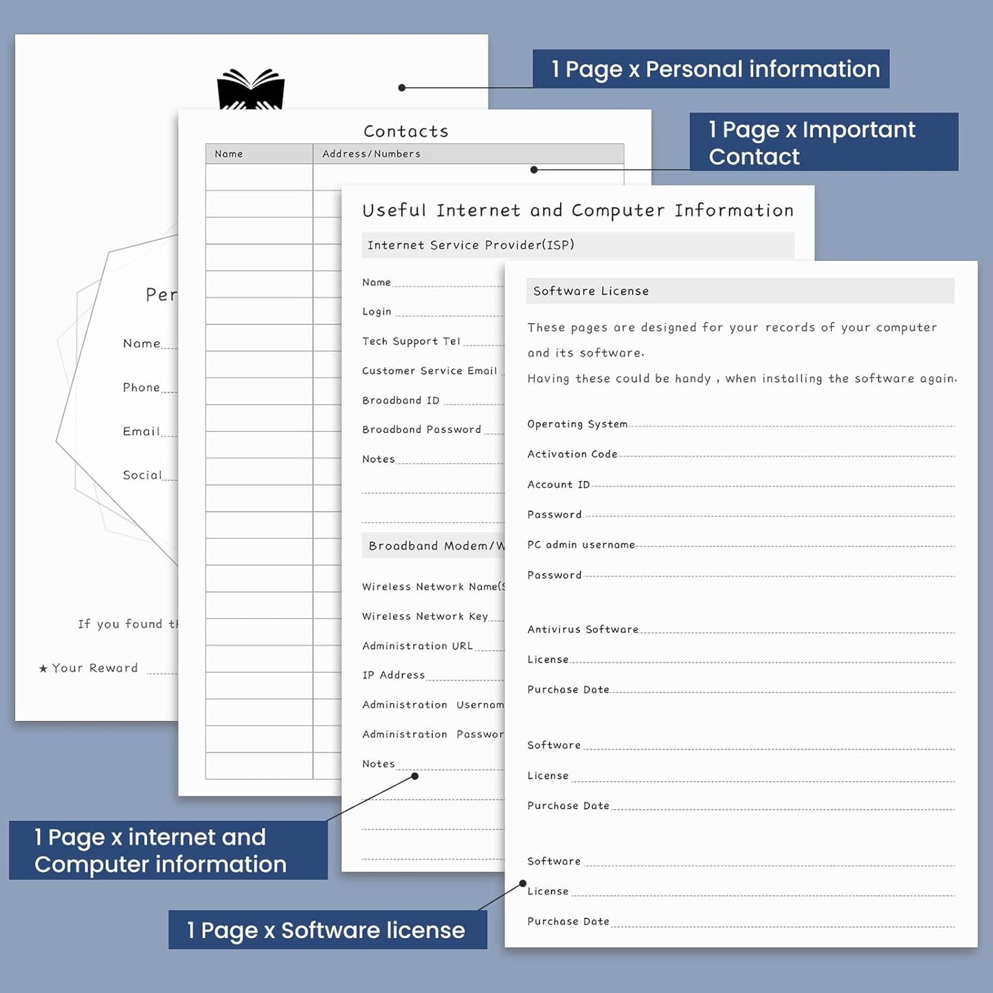 Password Book with Alphabetical Tabs, Hardcover Password Keeper, A5 Size 8.3"x6" Password Notebook for Saving Internet Login, Username, Password Organizer for Computer & Website Logins, Blue