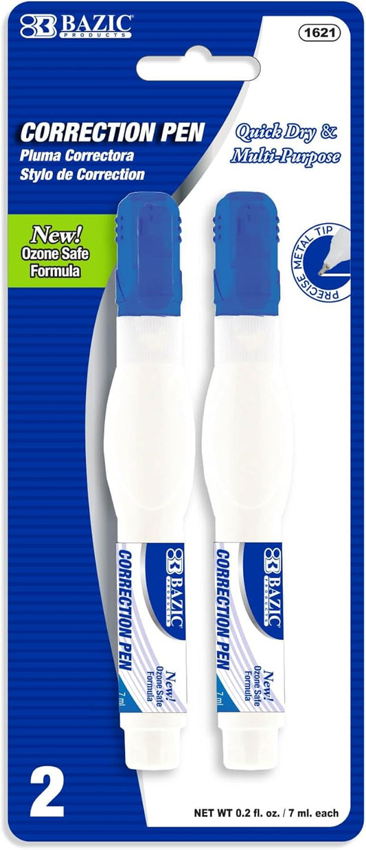 BAZIC Correction Pen, Precise Metal Tip Applicator, Fine Point Corrections Fluid, White Out Wipe Out Liquid (2/Pack), 1-Pack