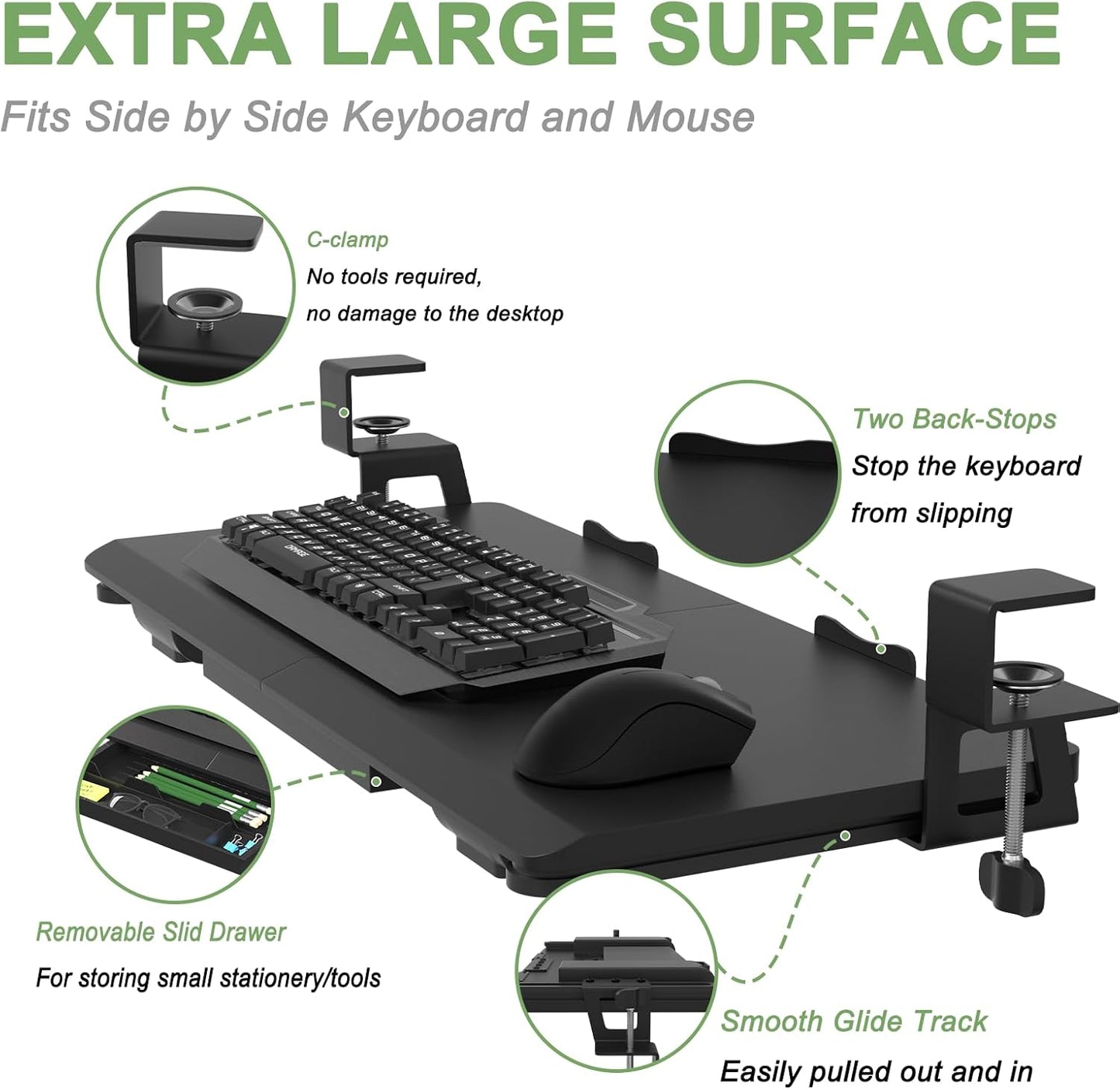 Keyboard Tray Under Desk Slide Out with Drawer, 27"x 11.8" Large Size, Pull Out Desktop Extender Holder with Sturdy C-Clamp Mount for Home Office, Black