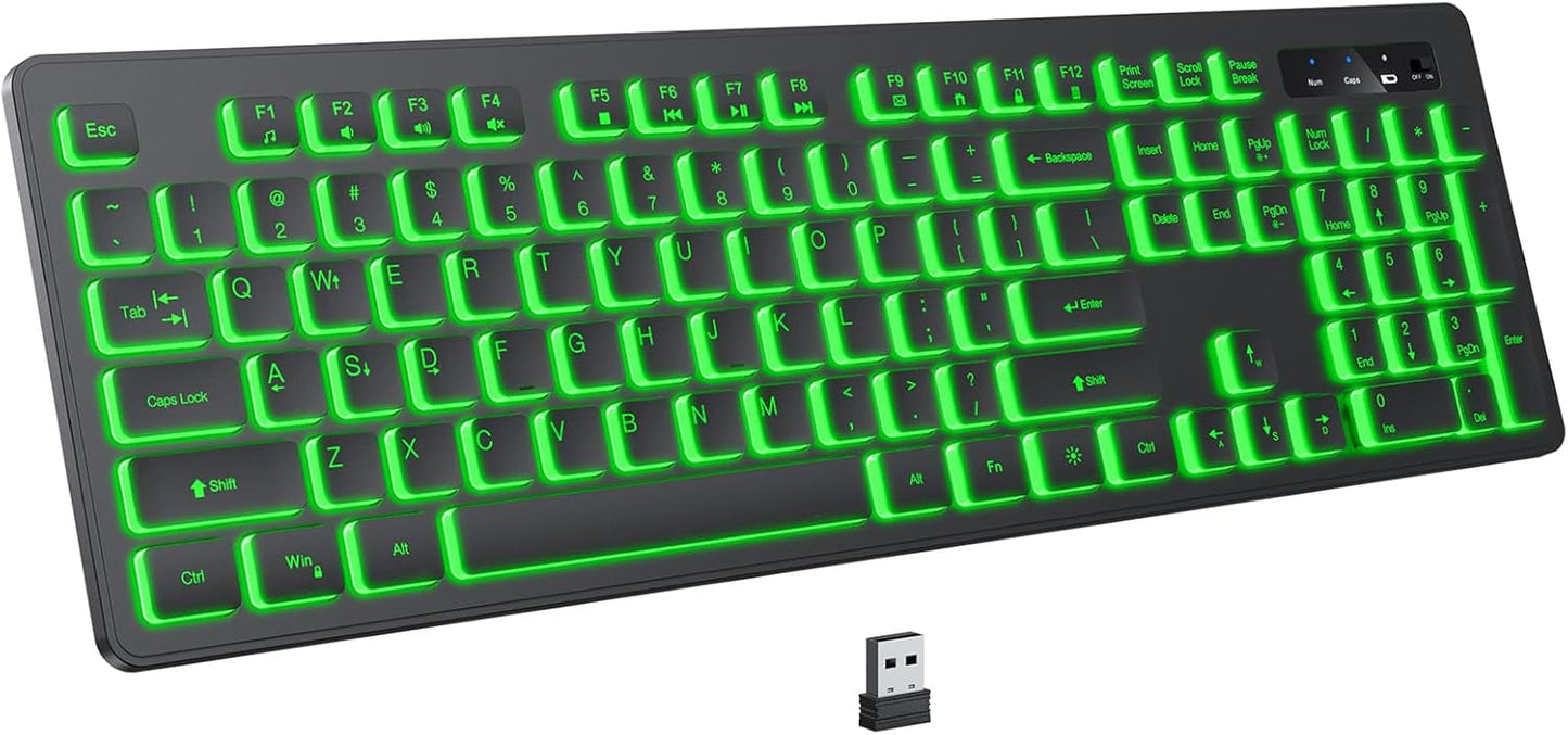 Backlit Wireless Keyboard, 2.4G Silent Wireless Light Up Keyboard, Full Size Computer Keyboards with 7 Colored Backlits, Rechargeable Keyboards for Windows, PC, Laptop (Black, Normative)