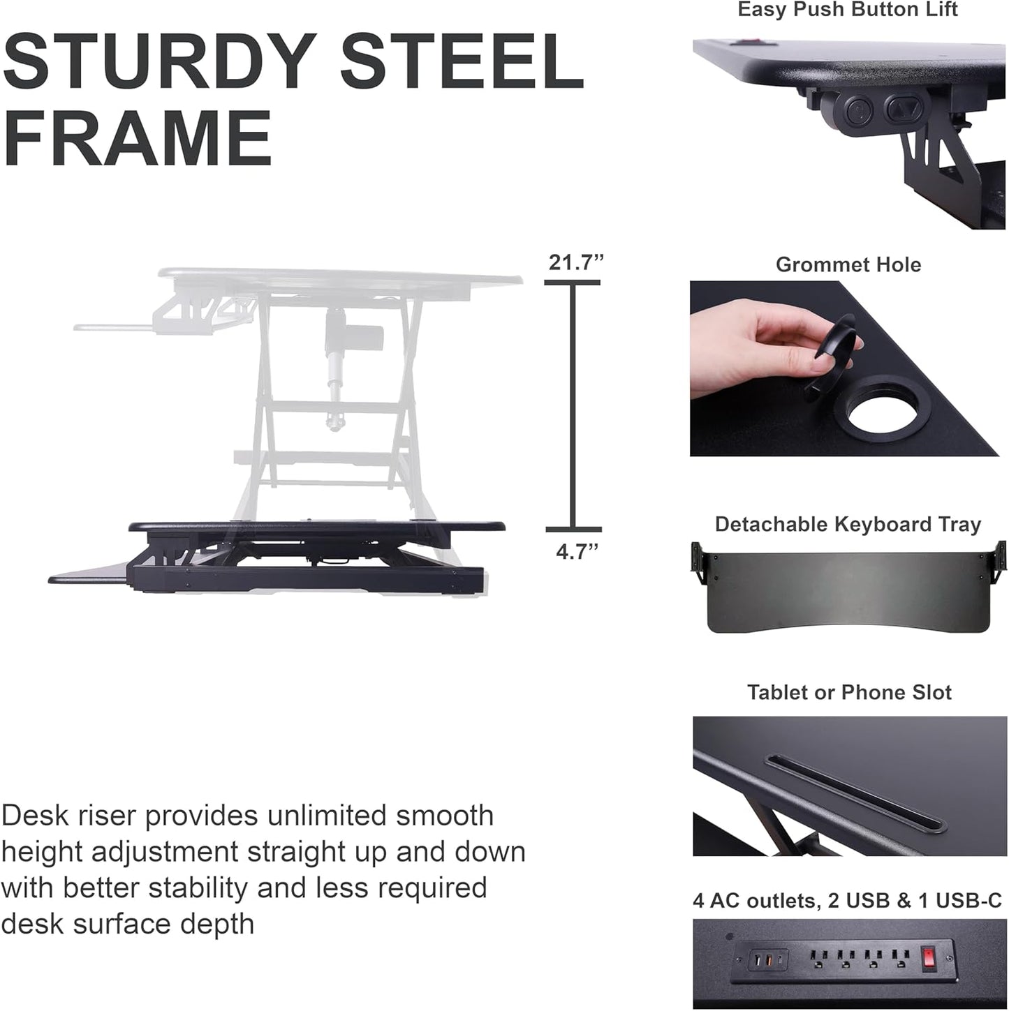 Rocelco 46" Electric Standing Desk Converter with AC Outlet USB Charger and Triple Monitor Arm Mount - Motorized Adjustable Sit Stand Riser - Tabletop Workstation Keyboard Tray - Black (R EDRB-46-DM3)