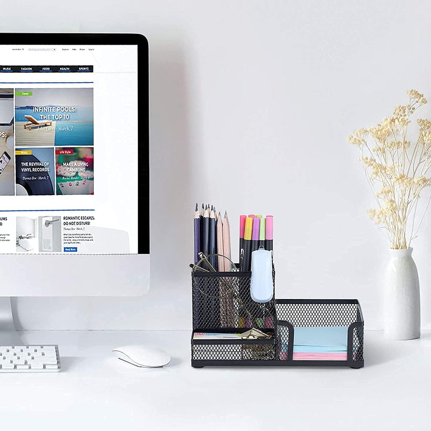 Desk Pencil Holders Desk Organizer Office Supplies Caddy with Sticky Notes Holder for Office School Home 3 Compartments Black