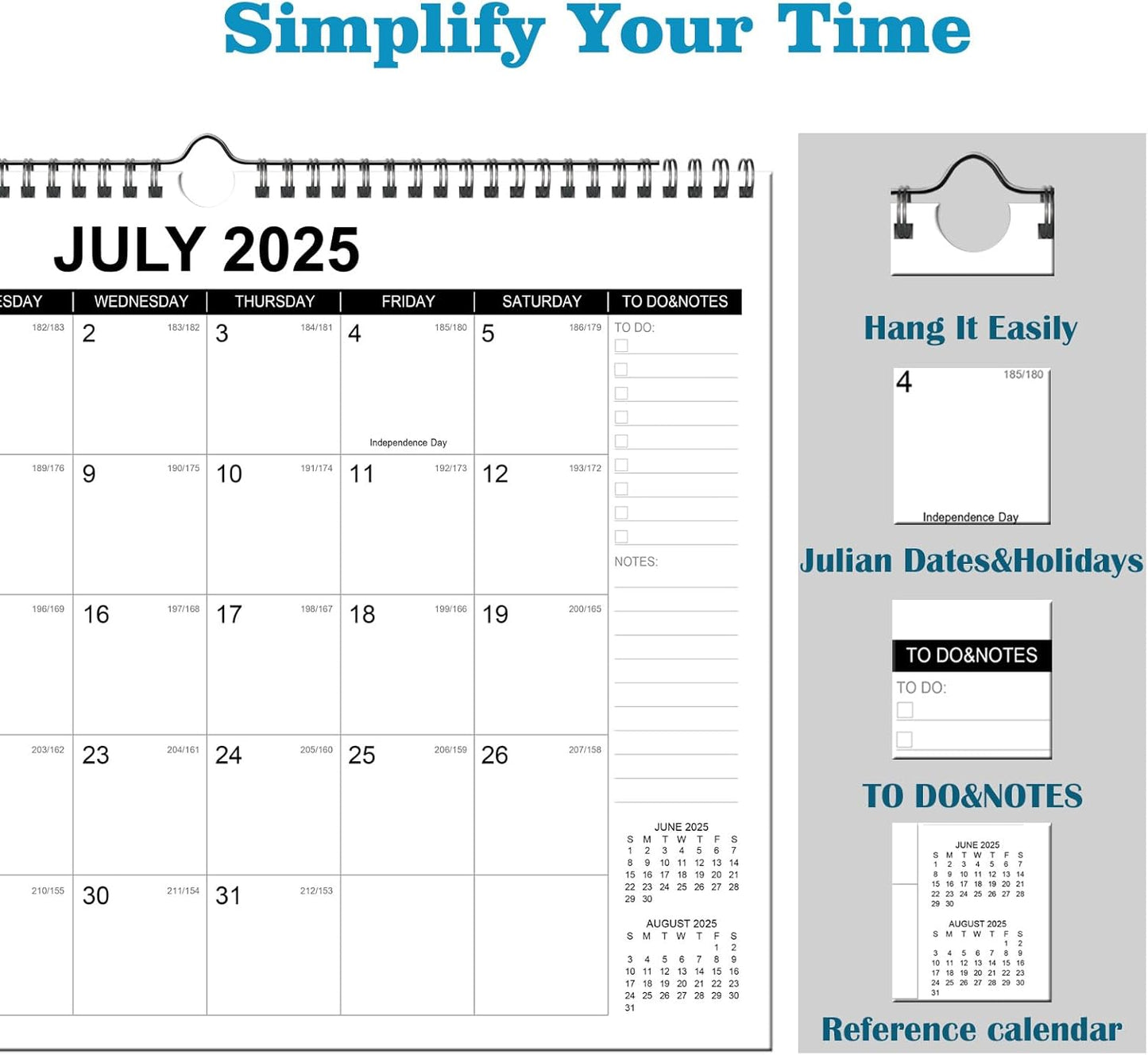 Wall Calendar 2025-2026, Monthly Table Calendar July 2025 to December 2026, 18 Months Screw Wall Calendar, 14.7"x11.5", For Home, Office, School, and Julian Date (Black & White, 14.7x11.5 inch)