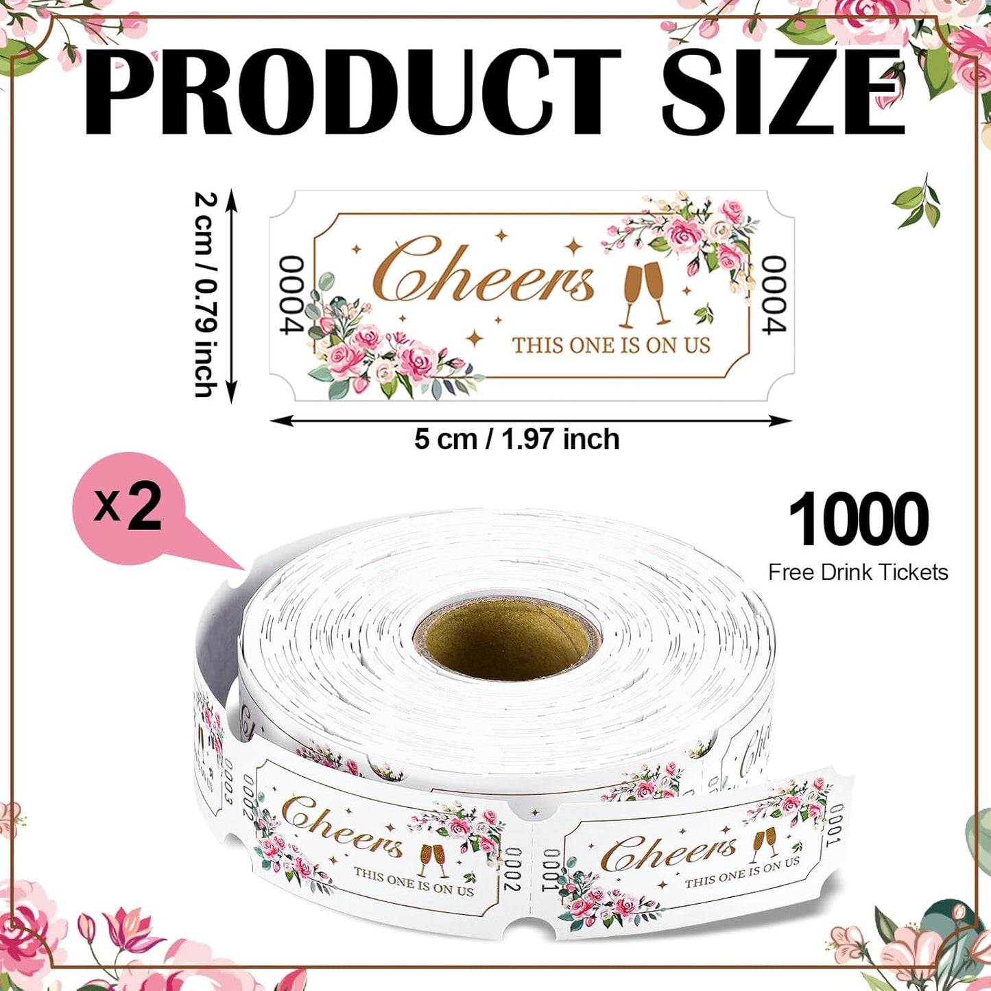 TaoBary 2 Rolls 1000 Pcs Free Drink Ticket Roll Raffle Party Tickets for Events Wedding and Parties(Flower)