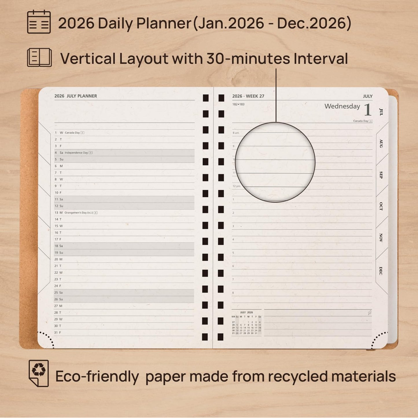POPRUN 2026 Daily Planner One Page A Day - [5.75" x 8.5"-100% Recycled Materials Spiral Soft Cover] - 2026 Agenda with Monthly Calendar, Folded Inner Pocket - Black Grey