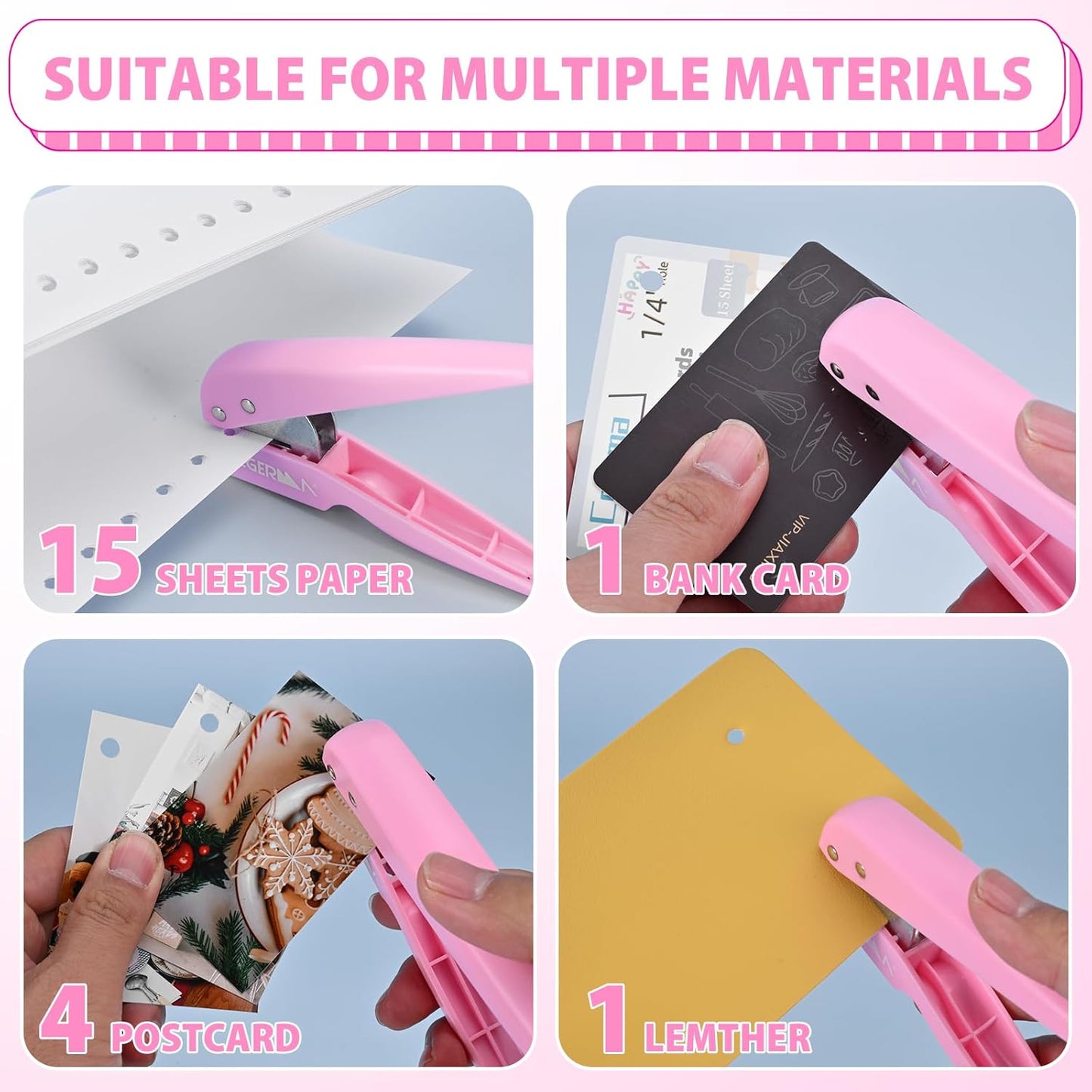 Single Hole Punch, with 30 Pcs Loose Leaf Binder Rings, 1/4" Hole Punches, 50% Labor Savings, Paper Hole Puncher, 15 Sheet Capacity, for Paper Cards Plastic Cardboard, Lightweight, Pink