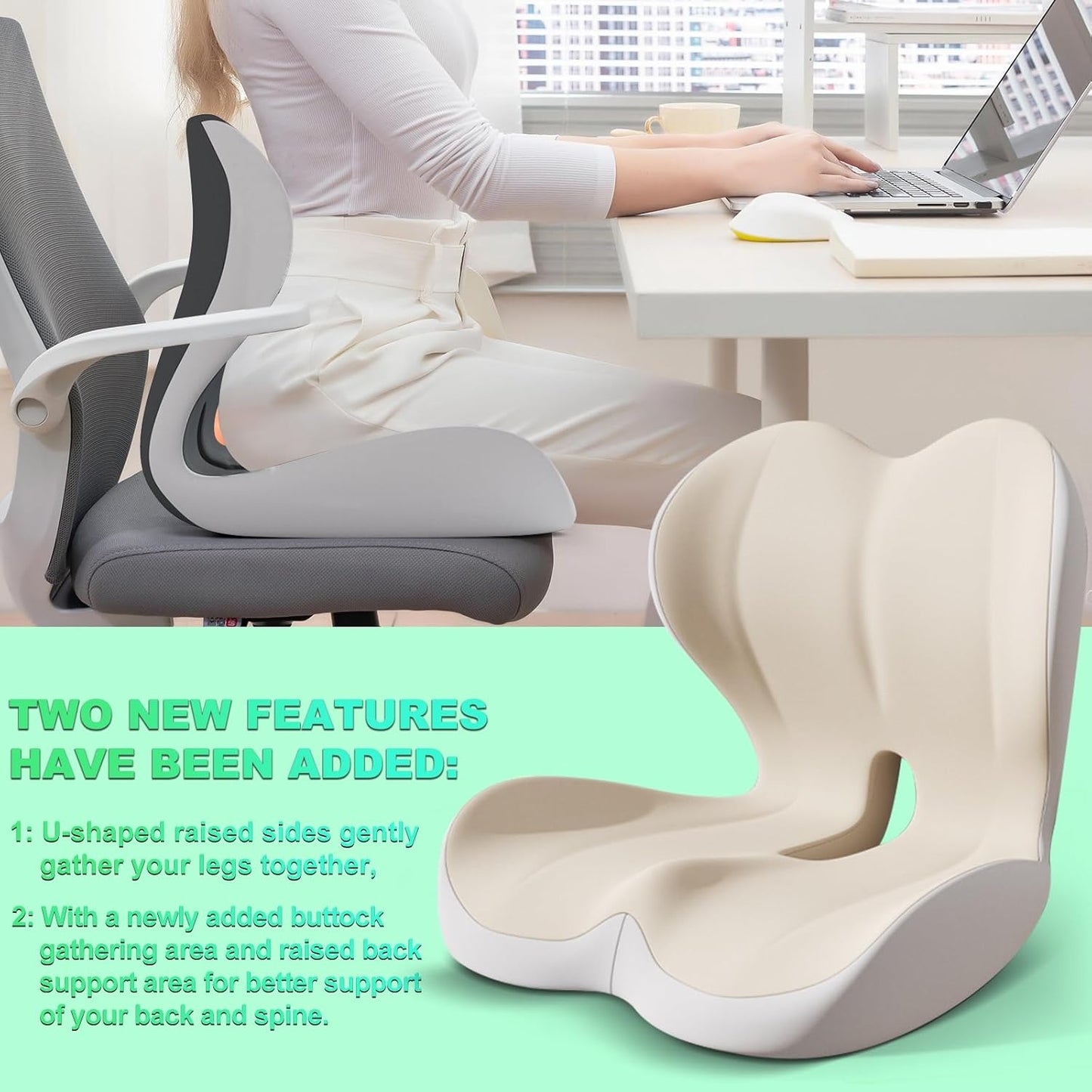 Buttocks Cushion for Office Chair Memory Foam Seat Pad for Butt Support Tailbone Relief Ergonomic Chair Cushion for Home Car Travel or Work (Off White)