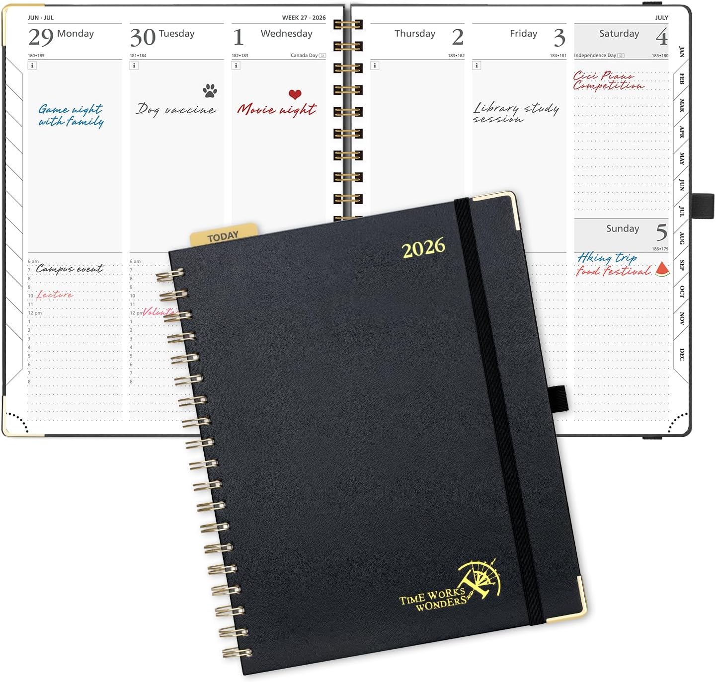 POPRUN 2026 Planner (Large Size 10'' x 8'' Wire-Bound Hard Cover) Daily Weekly and Monthly Calendar - Agenda 2026 (Jan.2026-Dec.2026) with Hourly Schedule, Monthly Tabs - Black