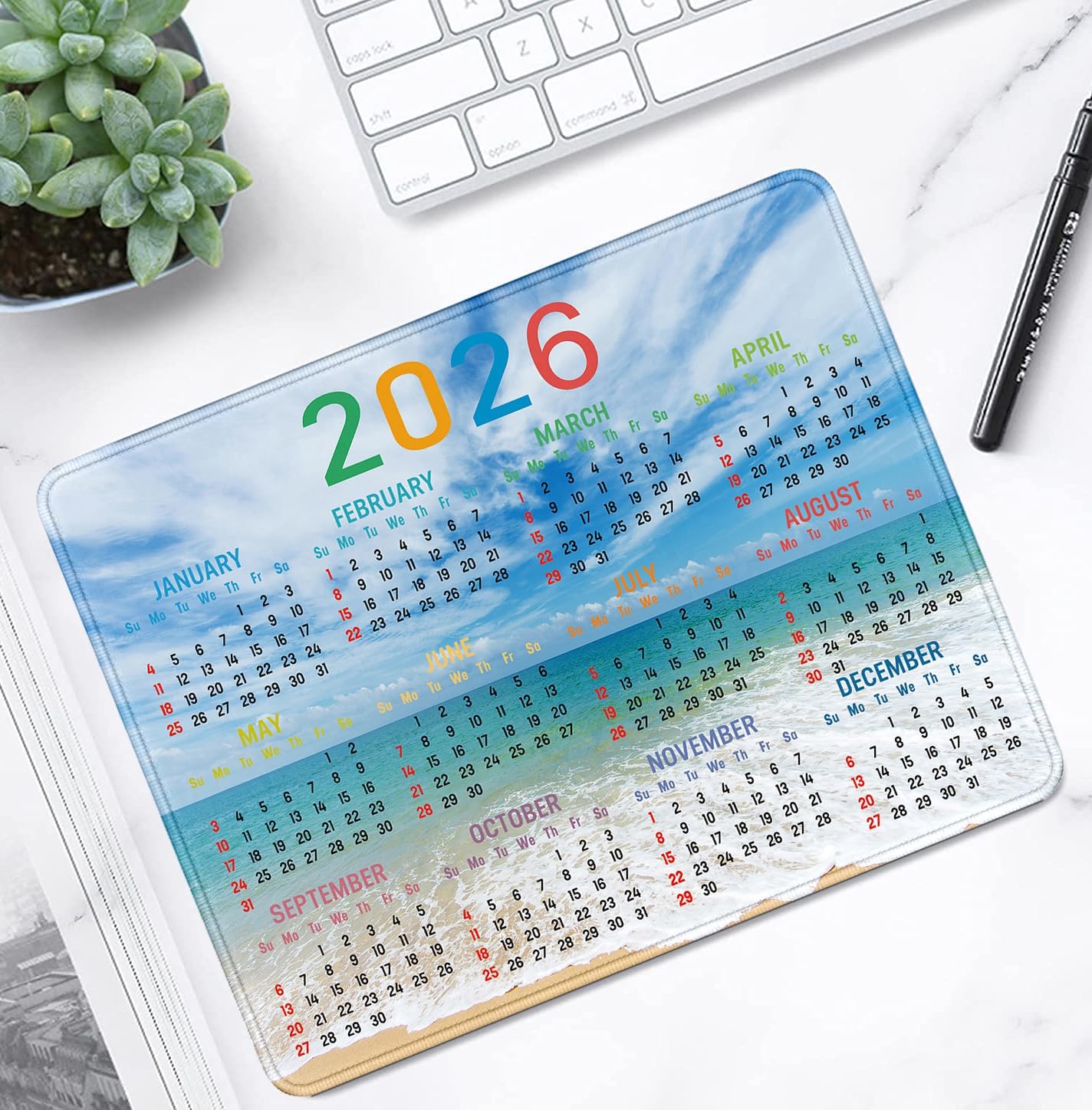 2026 Calendar Mouse pad, Gaming Stitched Edge Computer Accessory Mouse Pad, Rectangular Anti Slip Chloroprene Rubber Mouse Pad for Office and Home Use (Beach Calendar Mouse Pad)