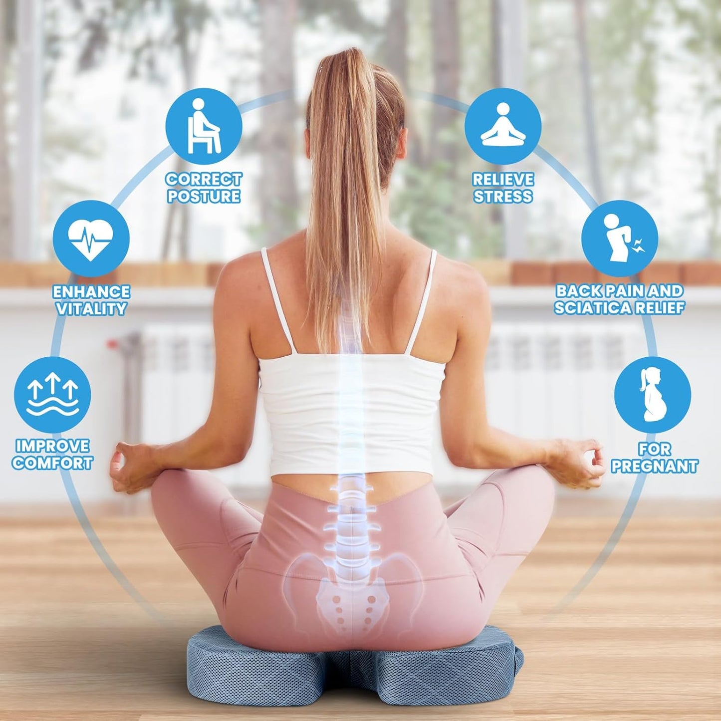 TushGuard Office/Car Seat Cushion, Non-Slip Sciatica & Back Coccyx Tailbone Pain Relief Chair Pad, Memory Foam Butt Pillow for Computer Desk, Wheelchair, Driving (Light Blue)