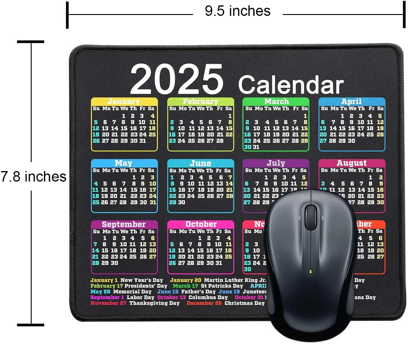 Mouse Pad with Non-Slip Rubber Base, Waterproof Computer Mousepad with Stitched Edges, Mouse Pads for Computers, Laptop, Gaming, Office & Home, 9.5 x 7.8 in (2025 Calendar Black)