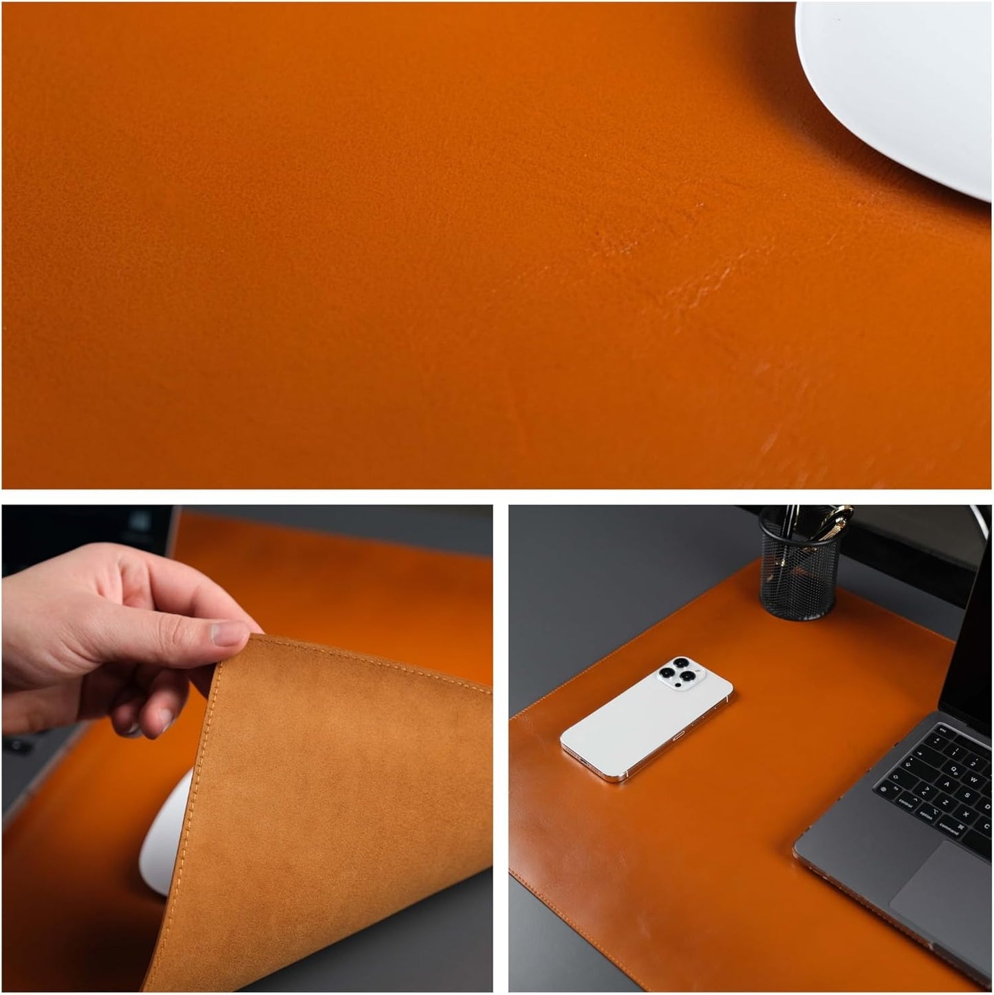 Jersey Genuine Calfskin Leather Desk Pad, Office Desk Mat with Non-Slip Bottom, Smooth Surface for Mouse & Keyboard, Desk Protector (14.6x31.5 inches) (Tan)