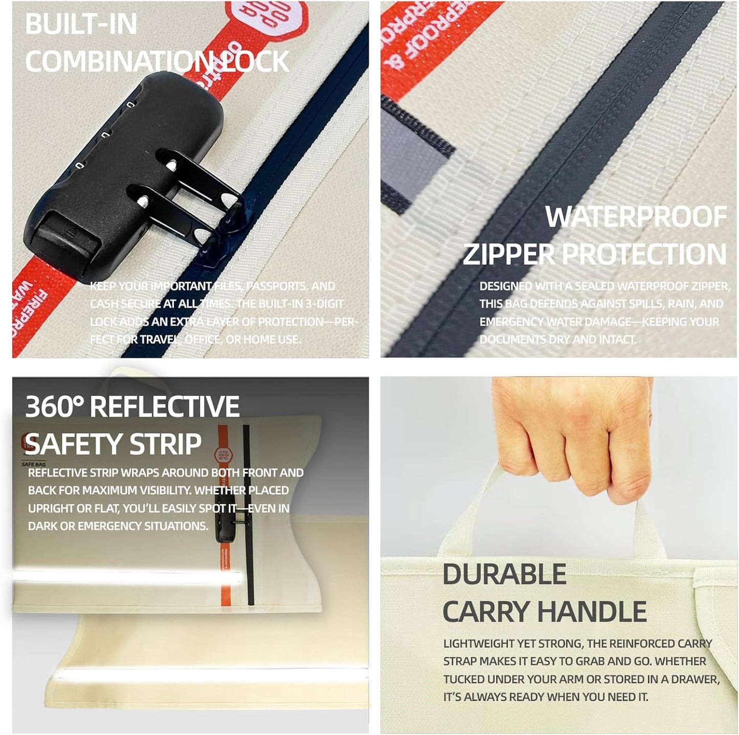 Fireproof Document Bag (Beige) – Waterproof Zipper & Lock – for Home, Office & Travel – Holds Files, Cash, Passport, Valuables – Fire & Water Resistant