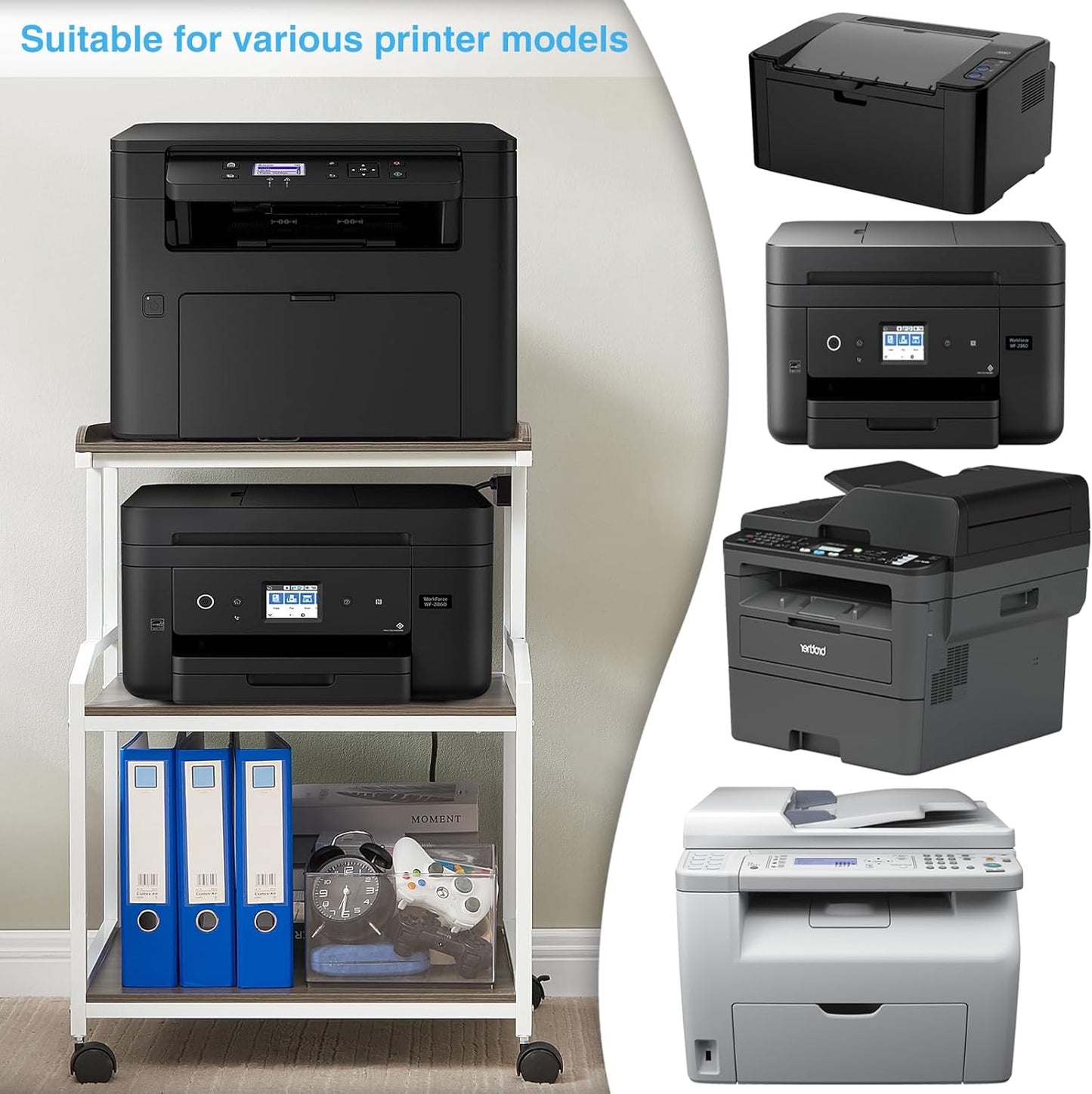 Lauren&Harold 34'' Printer Stand with Power Outlets & USB Ports, 3-Tier Adjustable Rolling Cart, Heavy Duty 150LBS Storage Table with Wheels for Office, Kitchen, Living Room, Grey/White