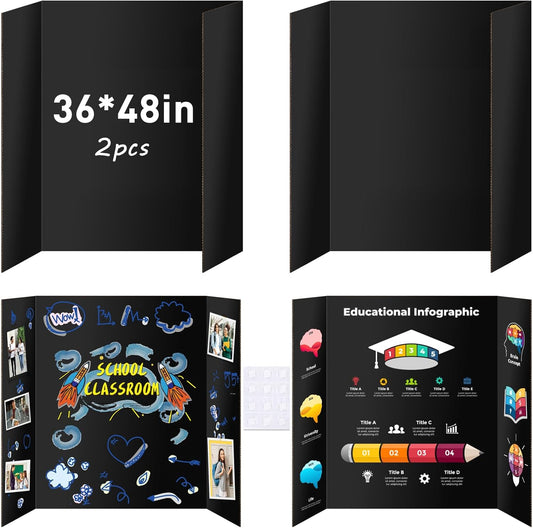 2 Pack Trifold Poster Board, IKAYAS 48" X 36" Double Sided Black Poster Boards, Science Fair Display Boards Posterboard Foamboard for Mounting, Prints,Art,Display,Projects Classroom Supplies