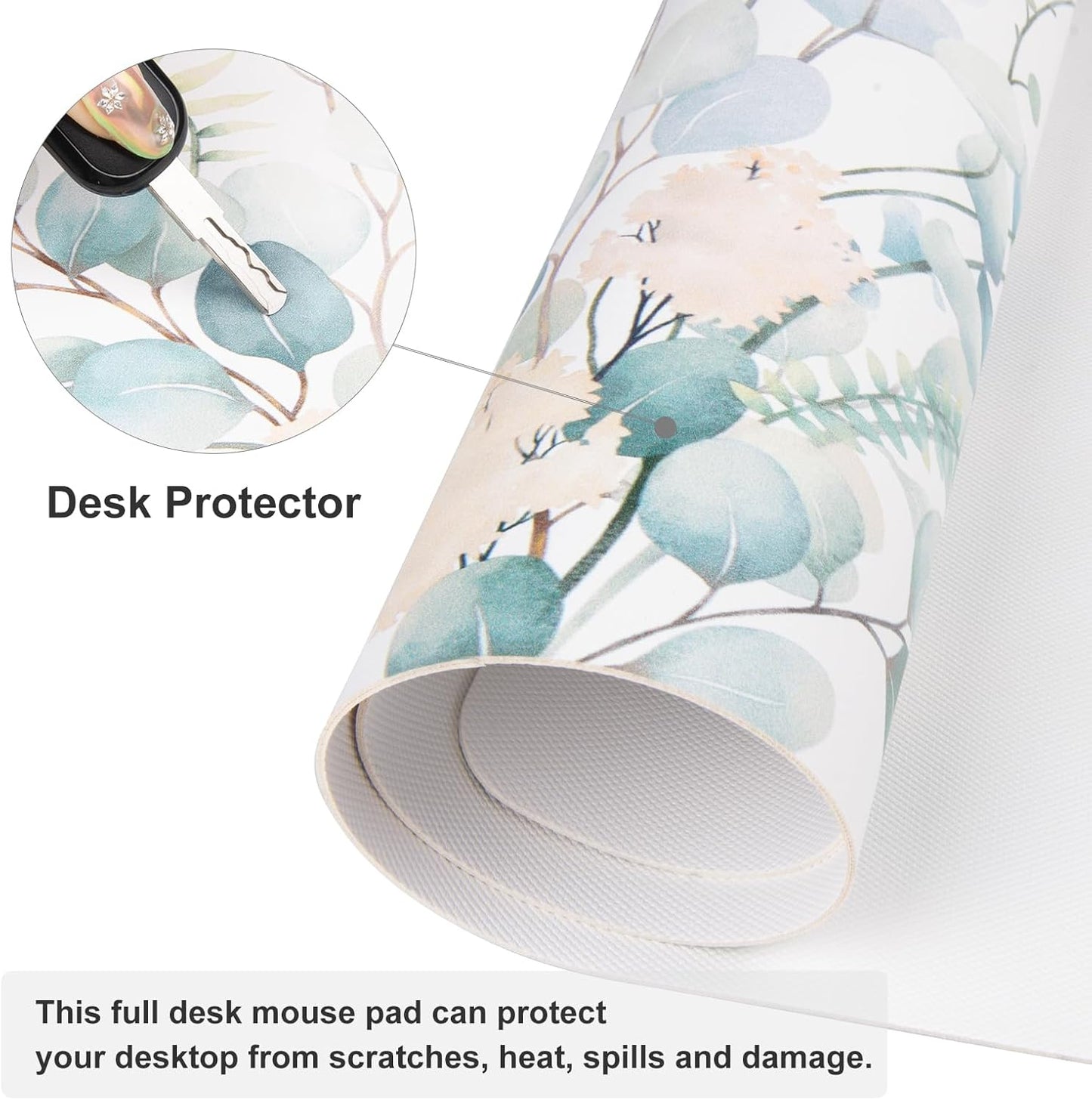 QIYI Large Mouse Pad for Desk, Cute Desk Mat for Desktop, Women Girls Green Office Décor Desk Accessories, PU Leather Waterproof Gaming Mousepad, Eucalyptus Leaf Desk Pad Computer Mat, 31.5" x 11.8"