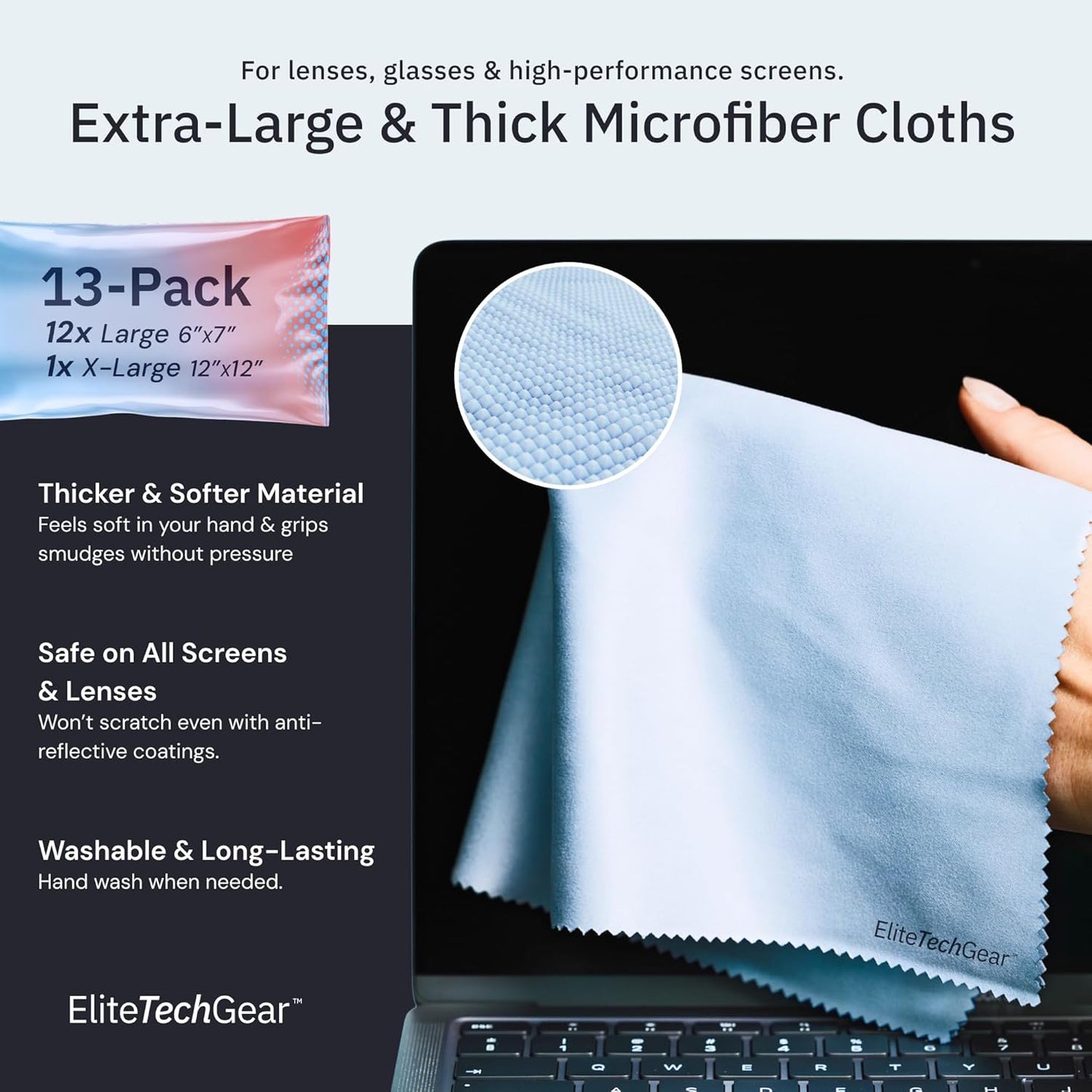 Elite Tech 13-Pack Microfiber Cloth Set - Washable Oversized Cleaner for Eyeglasses, Electronics, Screens & Lenses, Dual Sizes 6"x7" & 12" x12 - Microfiber Cleaning Cloth