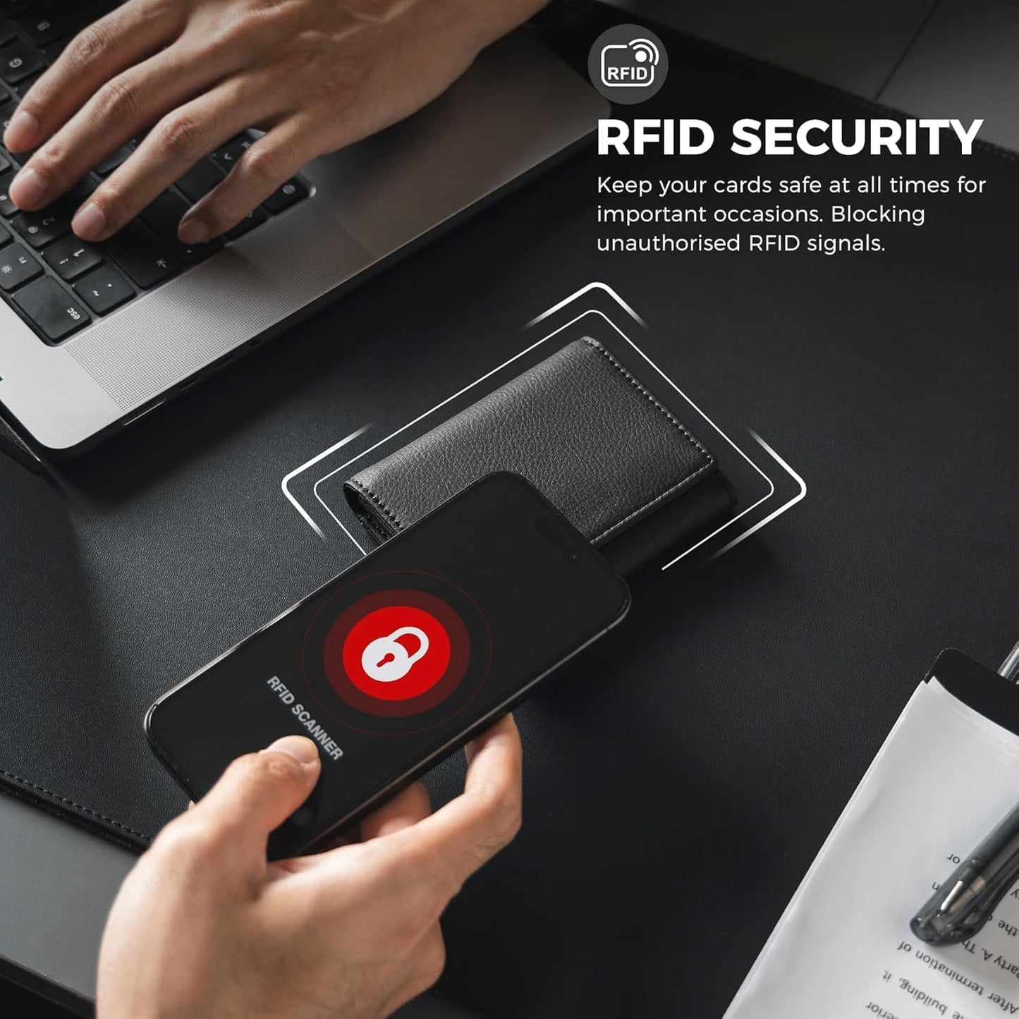 Real Leather Business Card Holder Premium RFID Blocking Card Case with ID Window and Magnetic Closure Holds Up to 40 Business Cards (Grain Black)