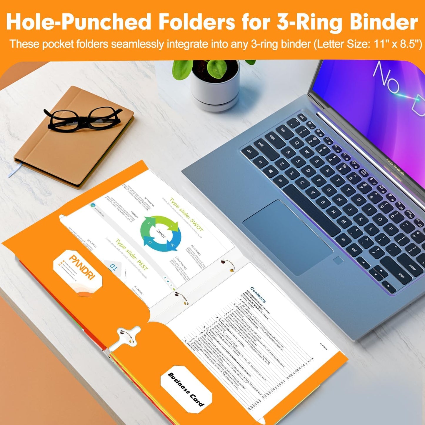 Two Pocket Portfolio Folders, PANDRI 60 Pack 3 Hole Punched 2 Pocket Folders for 3 Ring Binder, Letter Size Paper File Folder for School Office Home Business, Orange