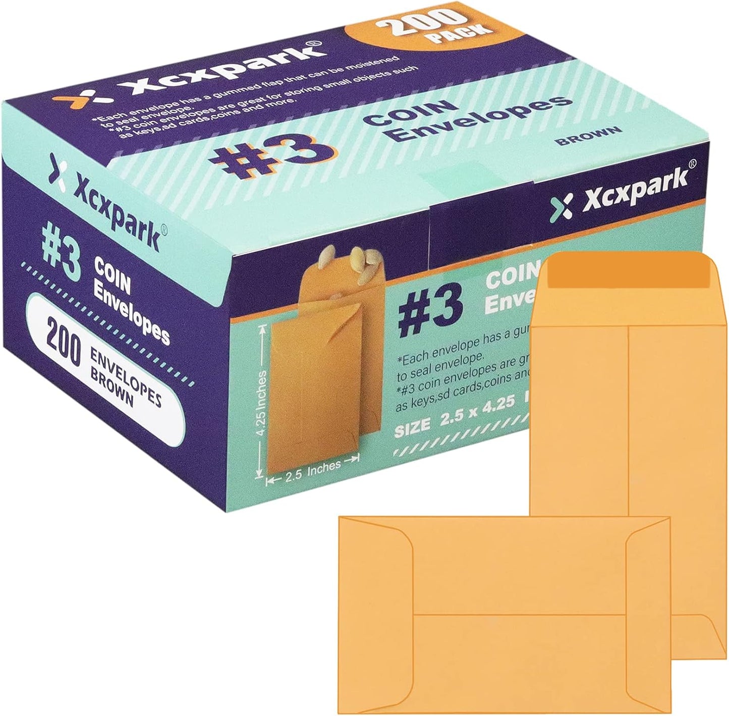 200PCS #3 Coin Envelopes 2.5x4.25 inches Brown Kraft Envelopes Classic Small Parts Gummed Flap for Coins, Cash, Credit Cards, Seeds