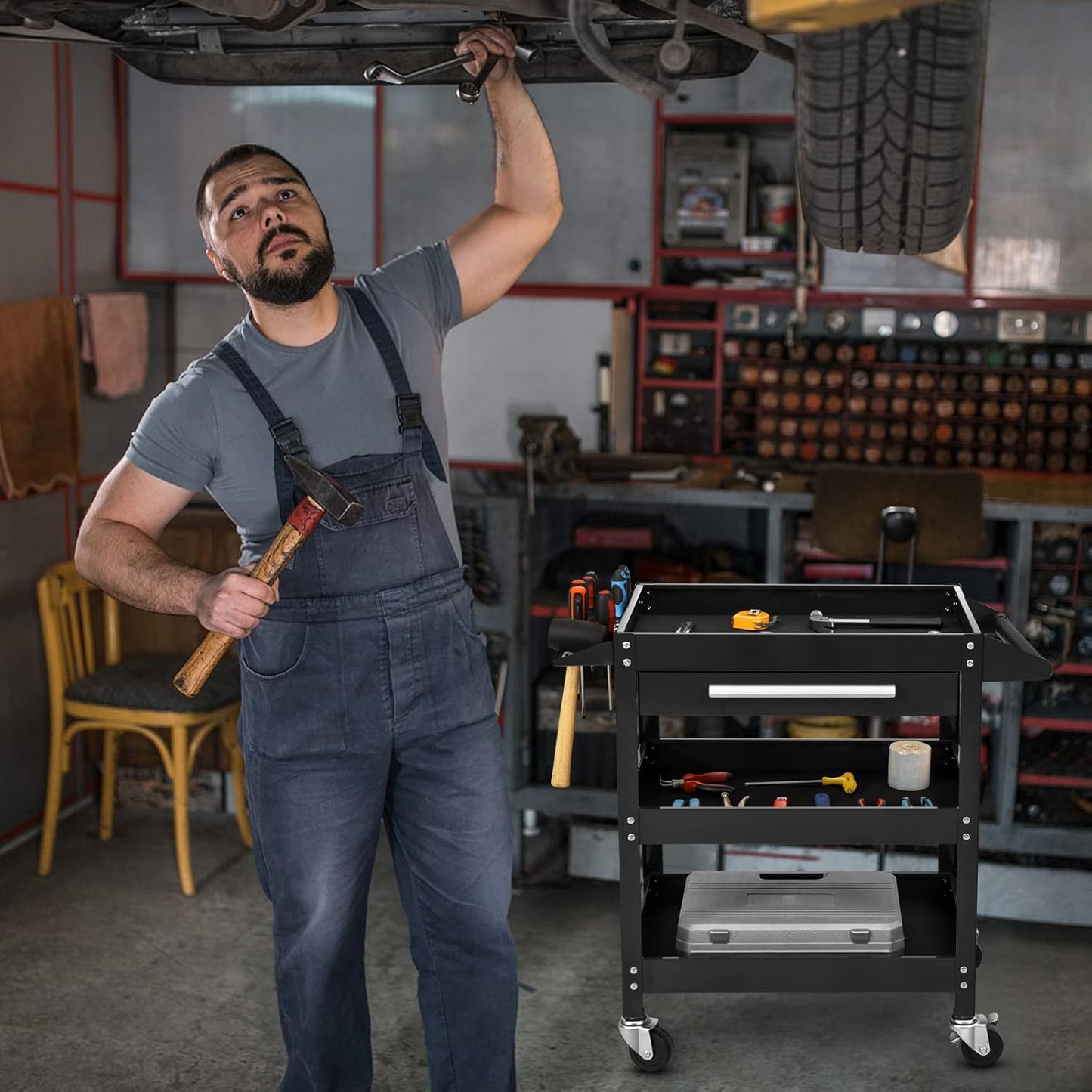 ERGOMASTER Metal Service Utility Cart with Wheels - 500LBS Tool Cart Heavy Duty Rolling 3-Tier Storage Organizer, for Garage Industrial Cart -Black