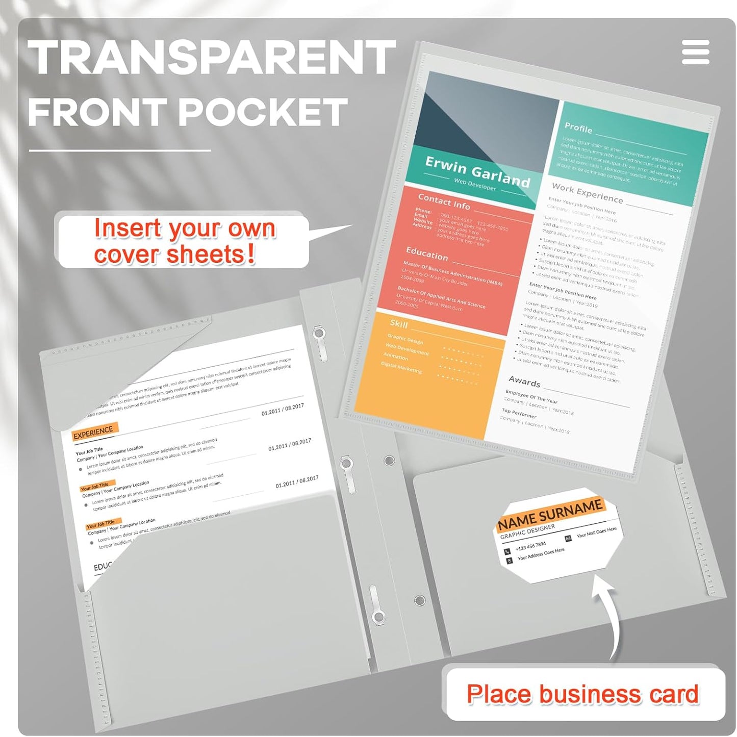 Henoyso 18 Pcs Plastic Folder with Clear Front Pocket and 3 Prong Plastic Folders with Card Slot Pocket Folders with Prongs for School Office (Gray White)