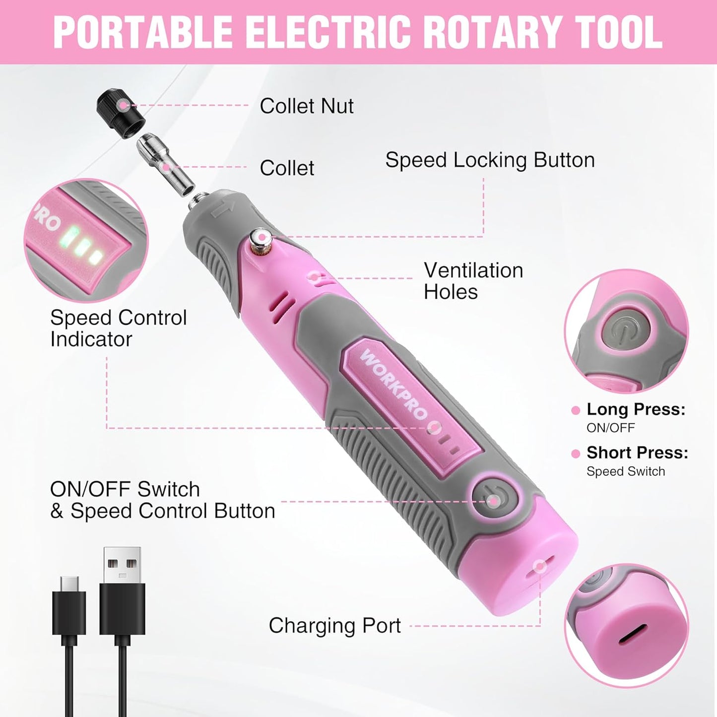 WORKPRO Cordless Rotary Tool Kit with 71pcs Accessories, 3 Variable Speeds, USB Rechargeable Mini Rotary Tool for Engraving, Sanding, Polishing, Carving, Cutting, DIY Crafts - Pink Ribbon