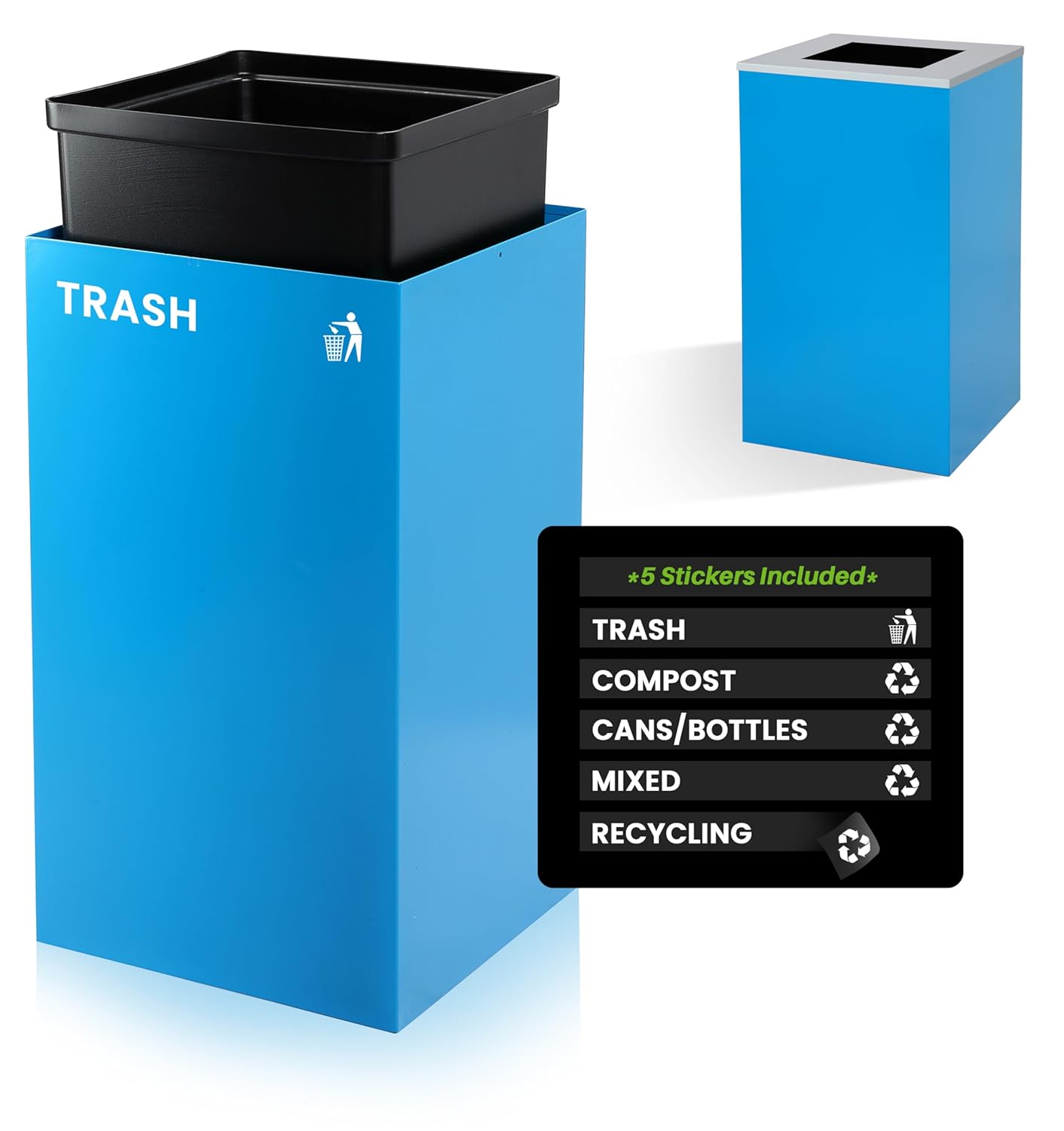 Alpine Commercial Indoor Recycle Bin with Lid - 29 Gallon Blue Recycle Bin Recycle Trash Can Office Recycling Bins, Metal Recycling Container with Stickers & 3 Optional Lids Sold Separately